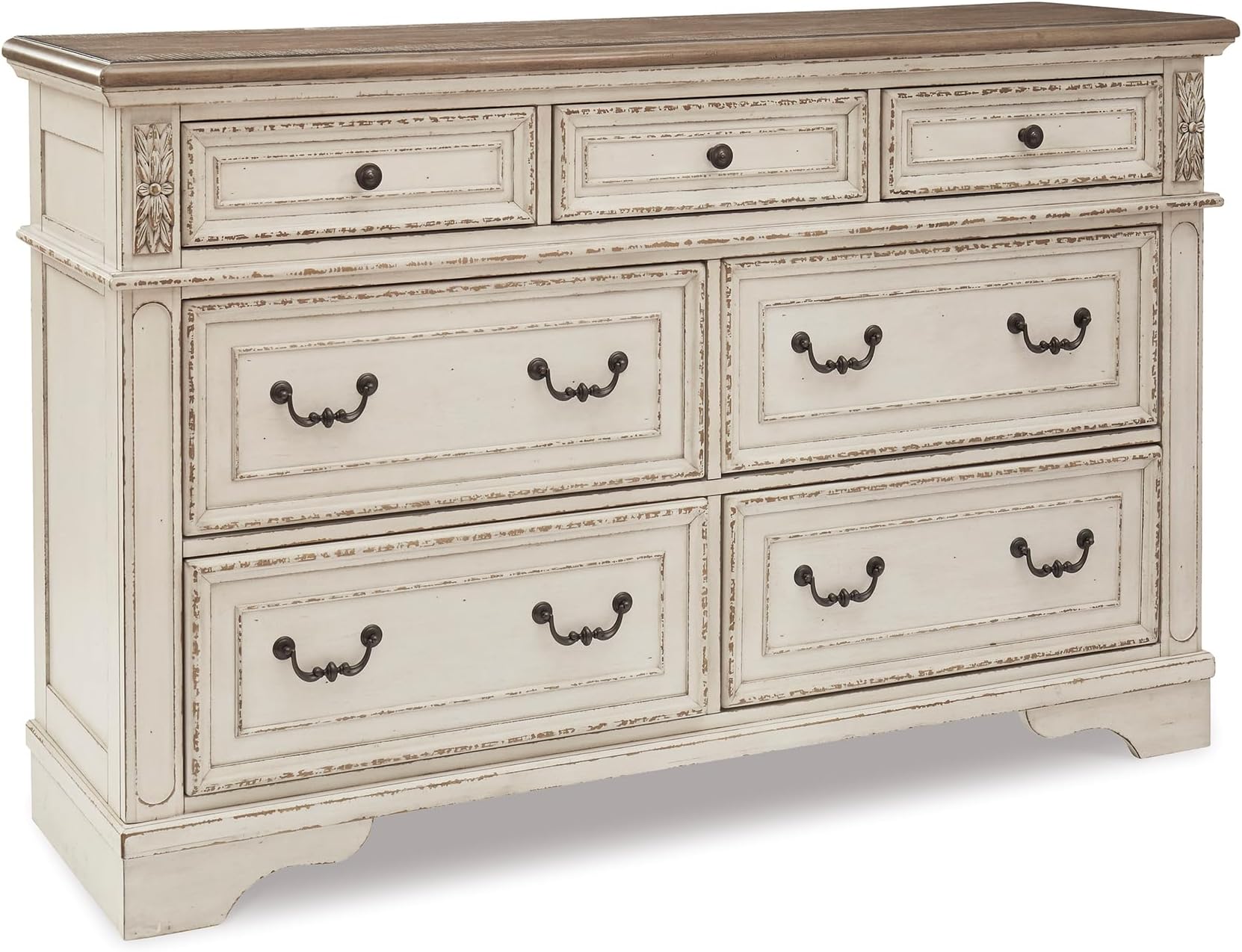 Signature Design by Ashley Realyn | French Country 7-Drawer Two-Tone Dresser โ Fully Assembled, Decorative Corbels, Chipped White with Distressed Wood Top