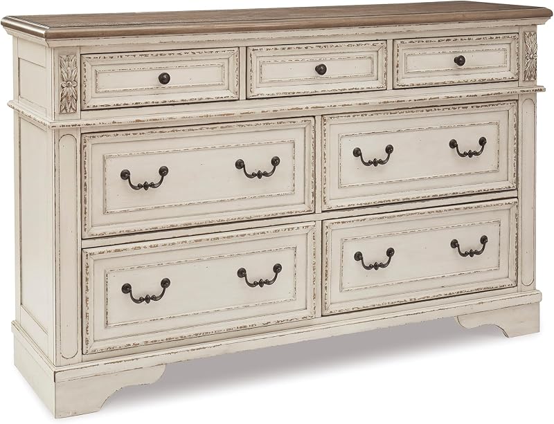7 Drawer Dresser for Bedroom, Two-Tone White | French country aesthetic with distressed wood top, Smooth-gliding dovetail joints and bronze-tone hardware, Realyn Series