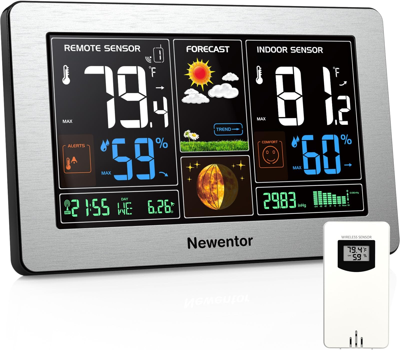 Newentor Weather Station Wireless Indoor Outdoor Thermometer, Color Display Digital Weather Thermometer with Atomic Clock, Barometric Pressure, Forecast Station with Adjustable Backlight, Sliver