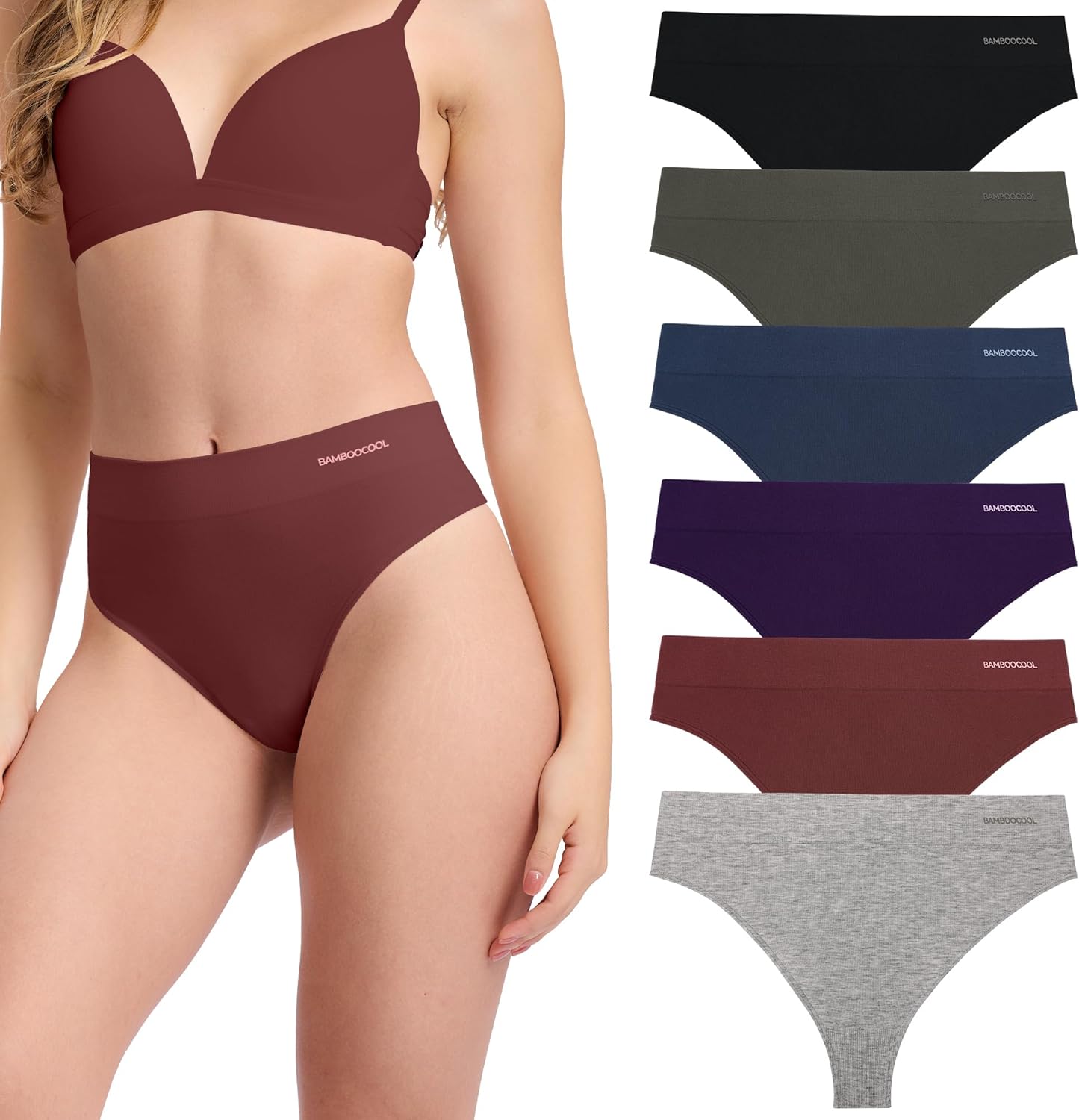 BAMBOO COOL Women's Thongs Seamless Moisture-Wicking Breathable Underwear Stretchy Panties Tagless 6 Pack