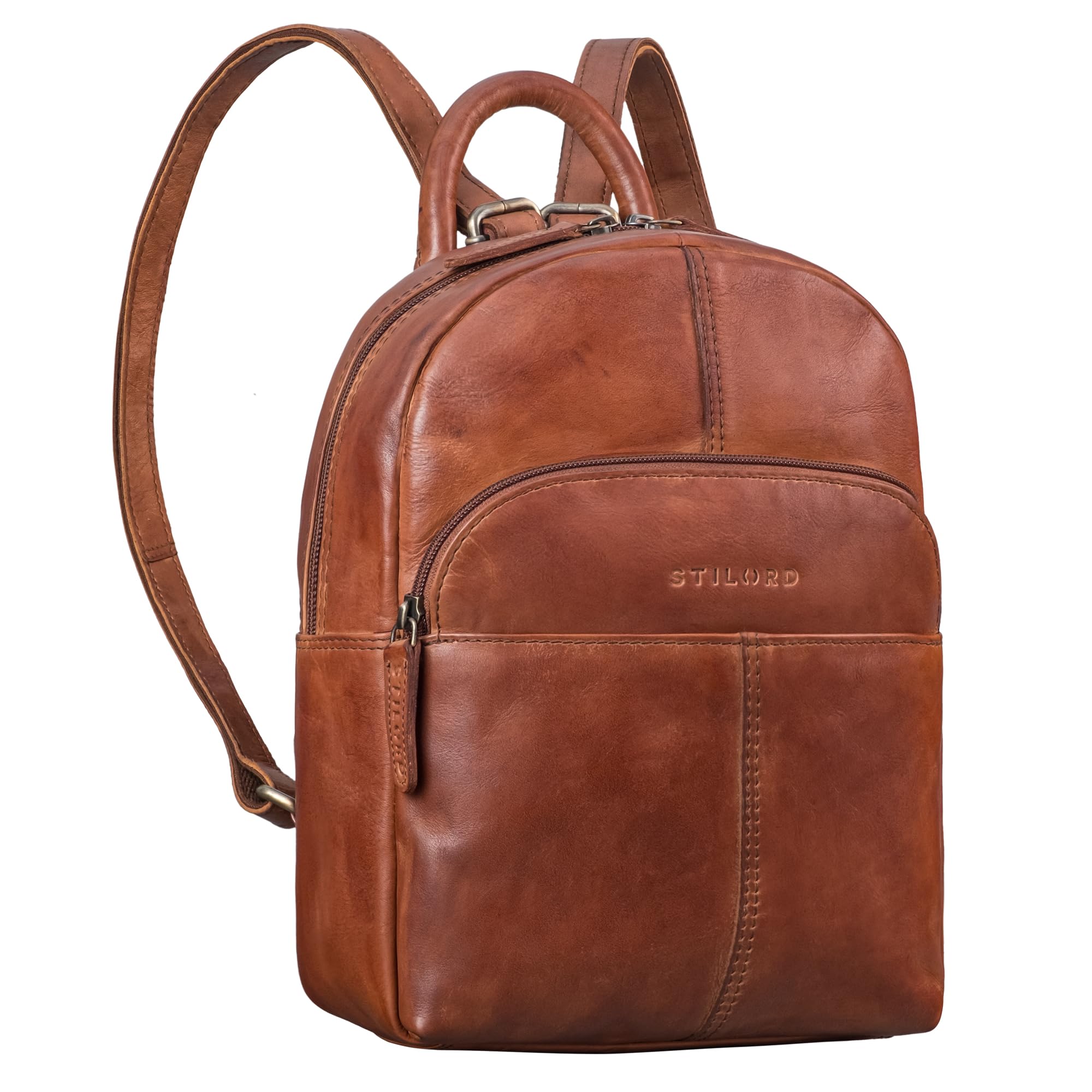 STILORD Elva Mochila Mujer Casual Pequeña de Piel Autentica - Ideale como Mochilas de Viaje Elegante - Bolsa Mochila Cuero Antirrobo con Muchos Compartimentos Color:Brandy - coñac