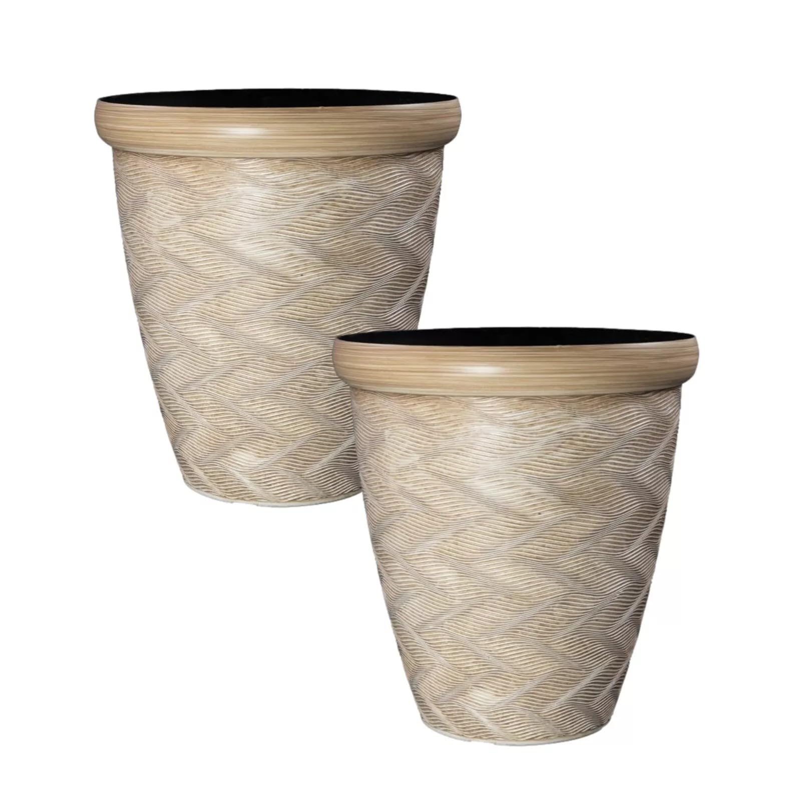 Fyne-Finds Beige Round Plant Pot 33Cm Patterned Rim 14L Tall Woven Garden Indoor Outdoor Planter Cover Drainage Holes, Weather, Frost Proof, Gloss Finish (2)