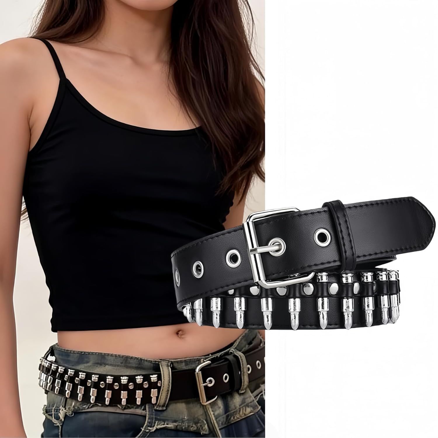 3Pcs Black Studded Belt Y2K Cool Gothic Punk Rock Belts with Grommet Threads Metal Pyramid for Women Men - Image 7