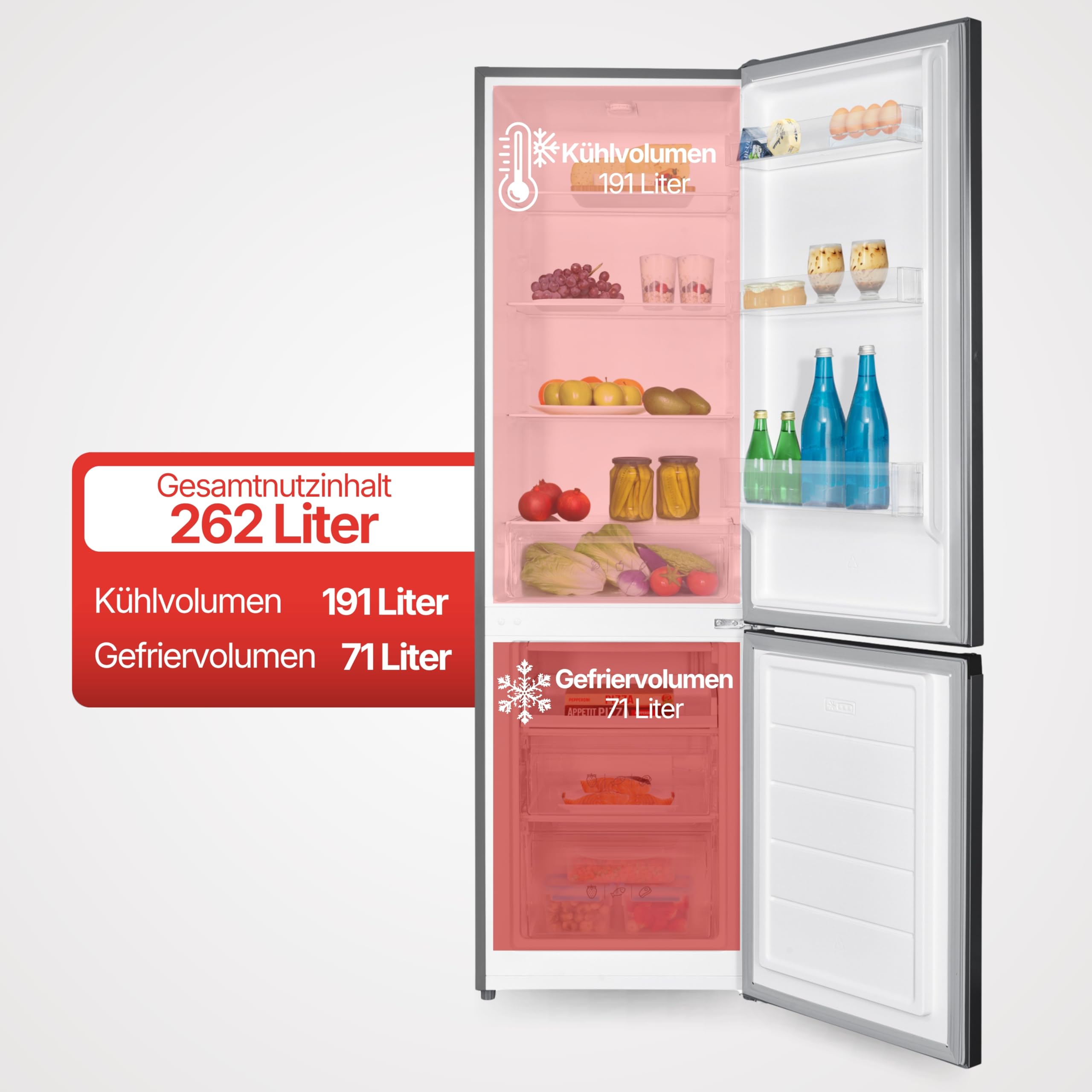Amica Kühl‑Gefrier‑Kombination freistehend 180 x 55 x 56 cm 262 l 4-Sterne-Fach Gefrierfach unten Tür-Offen-Alarm LED‑Innenbeleuchtung AKG 3880 E – Kühl Gefrierkombination Edelstahloptik