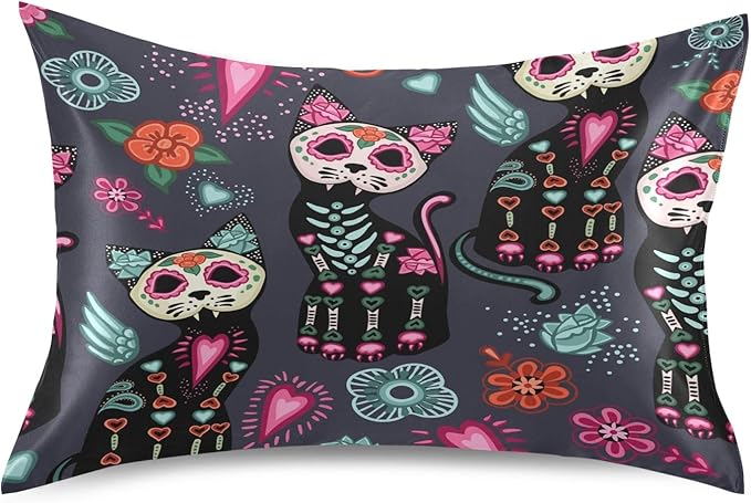 Satin Pillowcase for Hair and Skin, Standard Size Day of The Dead Cat Sugar Skull Flower Decorative Pillow Sham with Envelope Closure Pillow Cover for Bedroom Hotel