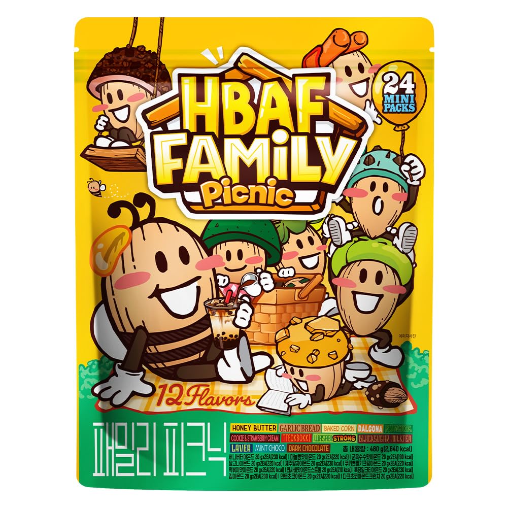 [Official Gilim HBAF] Family Picnic 24 Pack Seasoned Almonds Nut, Protein Snack, Child After-School, Office, Camping, Gift, Party Pack(Honey Butter,Wasabi,Baked Corn,Garlic Bread,Tteokbokki,Laver,Cookie & Strawberry Cream,Black Sugar Milktea,Jeju Matcha,Dalgona,Dark Chocolate Crunch,Mint Choco Almond)