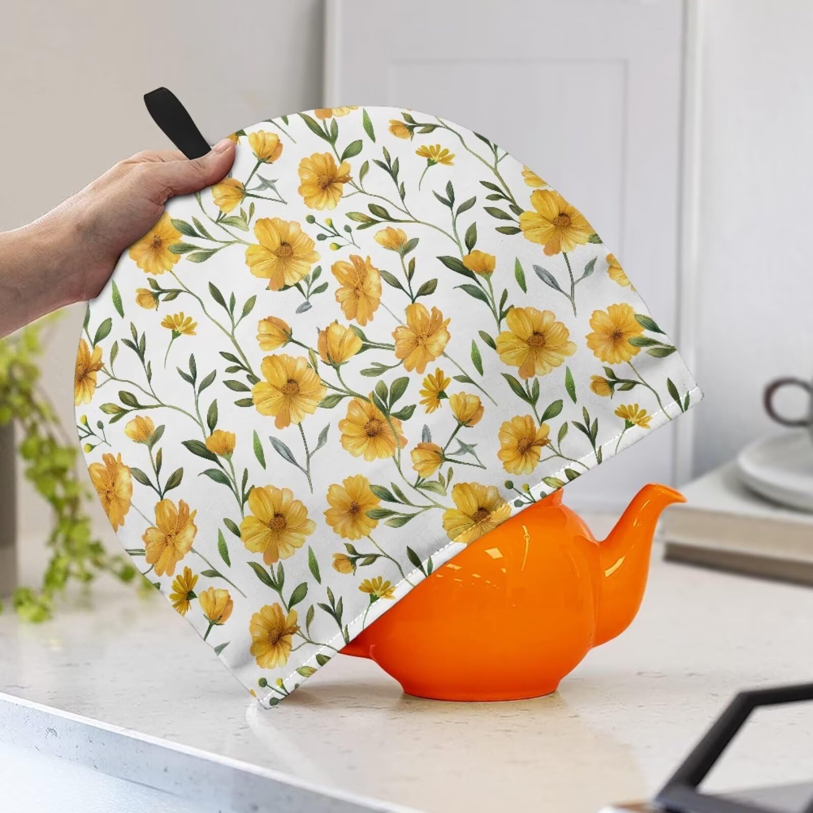 Qehuruxo Yellow Flowers Teapot Cozy Tea Warmer for Teapot Teapot Cover for Kitchen Home,Insulating Tea Cozy Decorative Tea Pot Portable Washable Tea Cozy