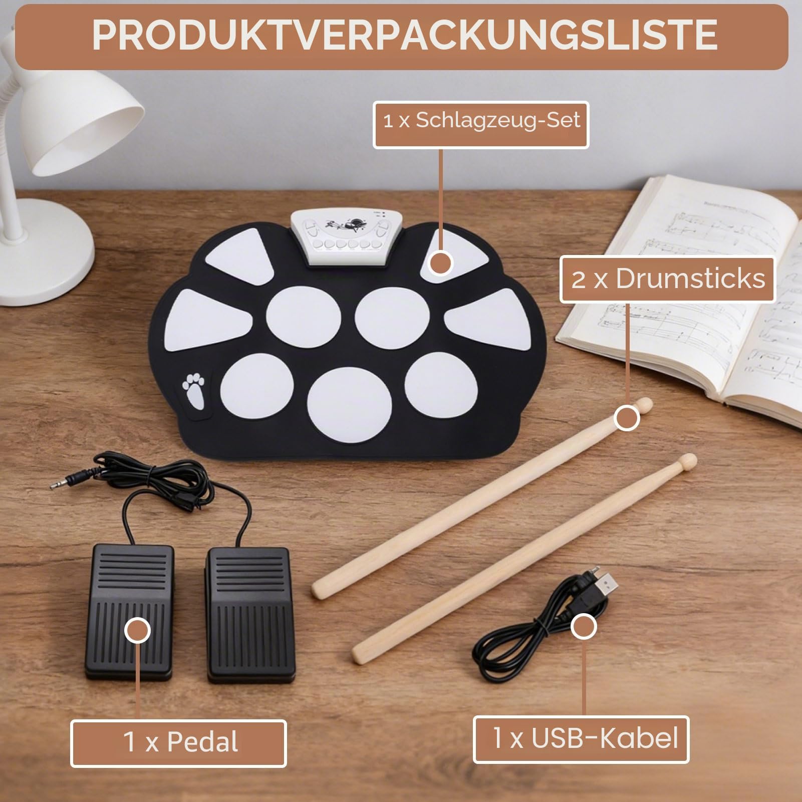 Schlagzeug Elektronisch, 15,4x11 Zoll E-Drum-Sets Aufrollbar Elektronisches Schlagzeug für Erwachsene Studenten Anfänger, 9 Pads Tragbares Roll-up E-Drum Kit mit Schlagzeugstock Fußpedal USB-Kabel