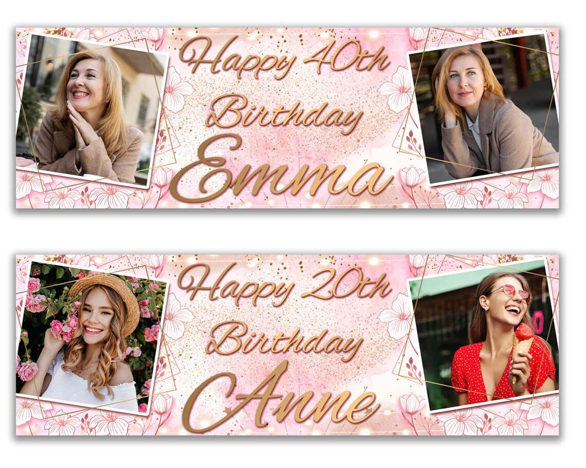 2 personalised birthday banner Photo pink girl flower party decoration celebration anniversary -18th 20th 30th 40th 50th birthday woman kids
