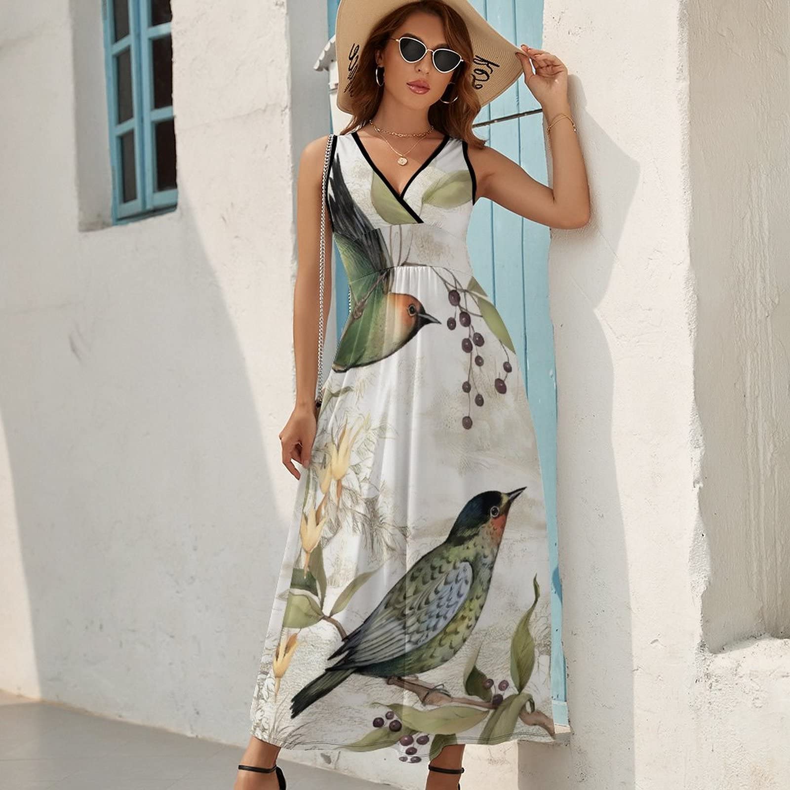 BOBOCHOSES 鳥柄ワンピース Amazon.co.jp: ワンピース 鳥柄 オウム柄 ノースリーブ ロング