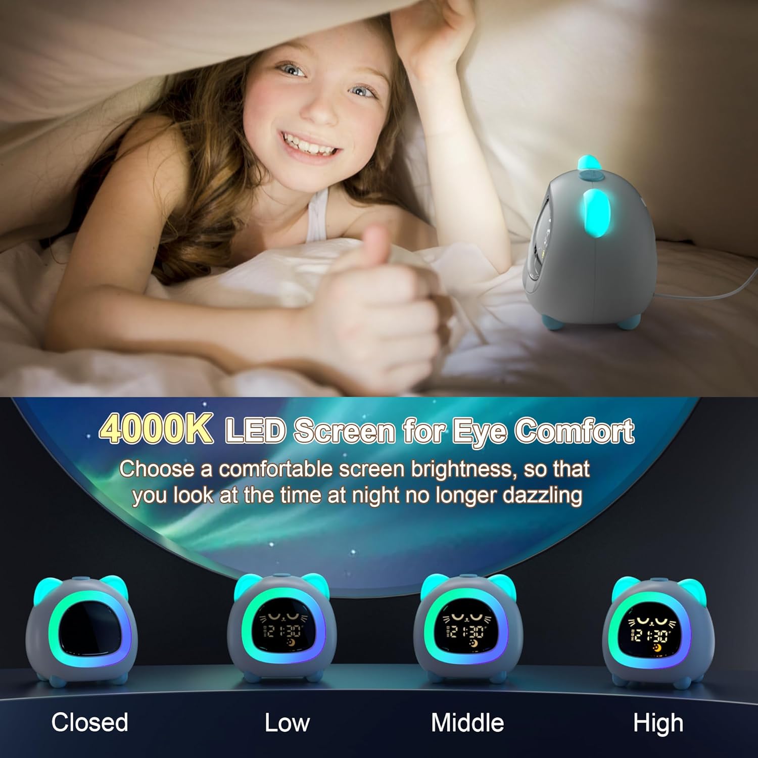 Alarm Clock for Kids, Ok to Wake Clock for Kids with Eye Protection Sleep Training Auto Off Feature 10 Night Light Dual Alarm for Bedroom, Kids Alarm Clock Aurora Blue Cat Gifts for Girls Boys