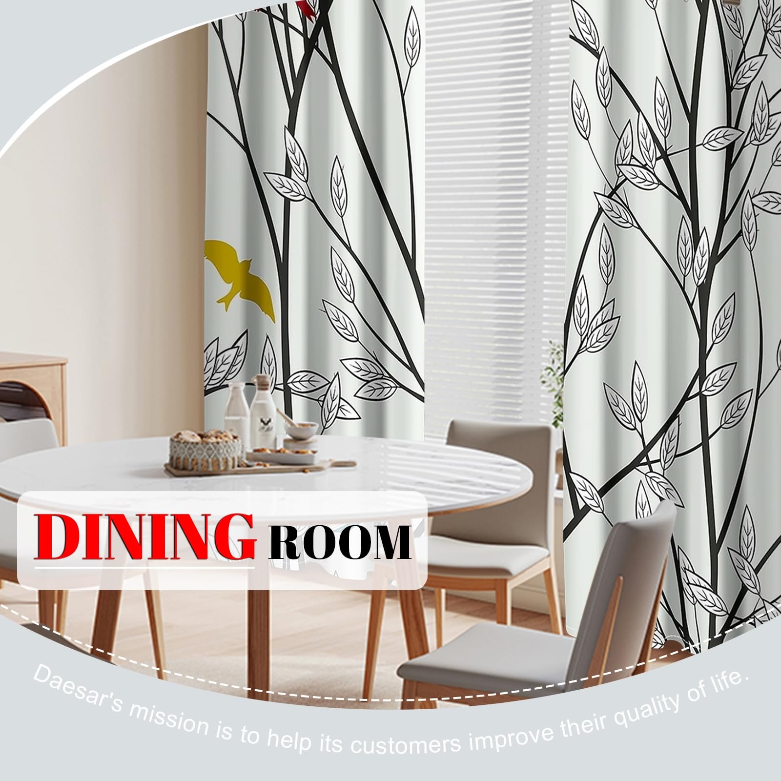 Daesar Schlafzimmer Vorhänge Gardinen mit Ösen 2er Set Zweige mit Blättern und Vögeln, Vorhänge Fenster Blickdicht Wohnzimmer 214x115CM Verdunklungs Vorhang Kinderzimmer Modern Schwarz Weiß Rot Gelb