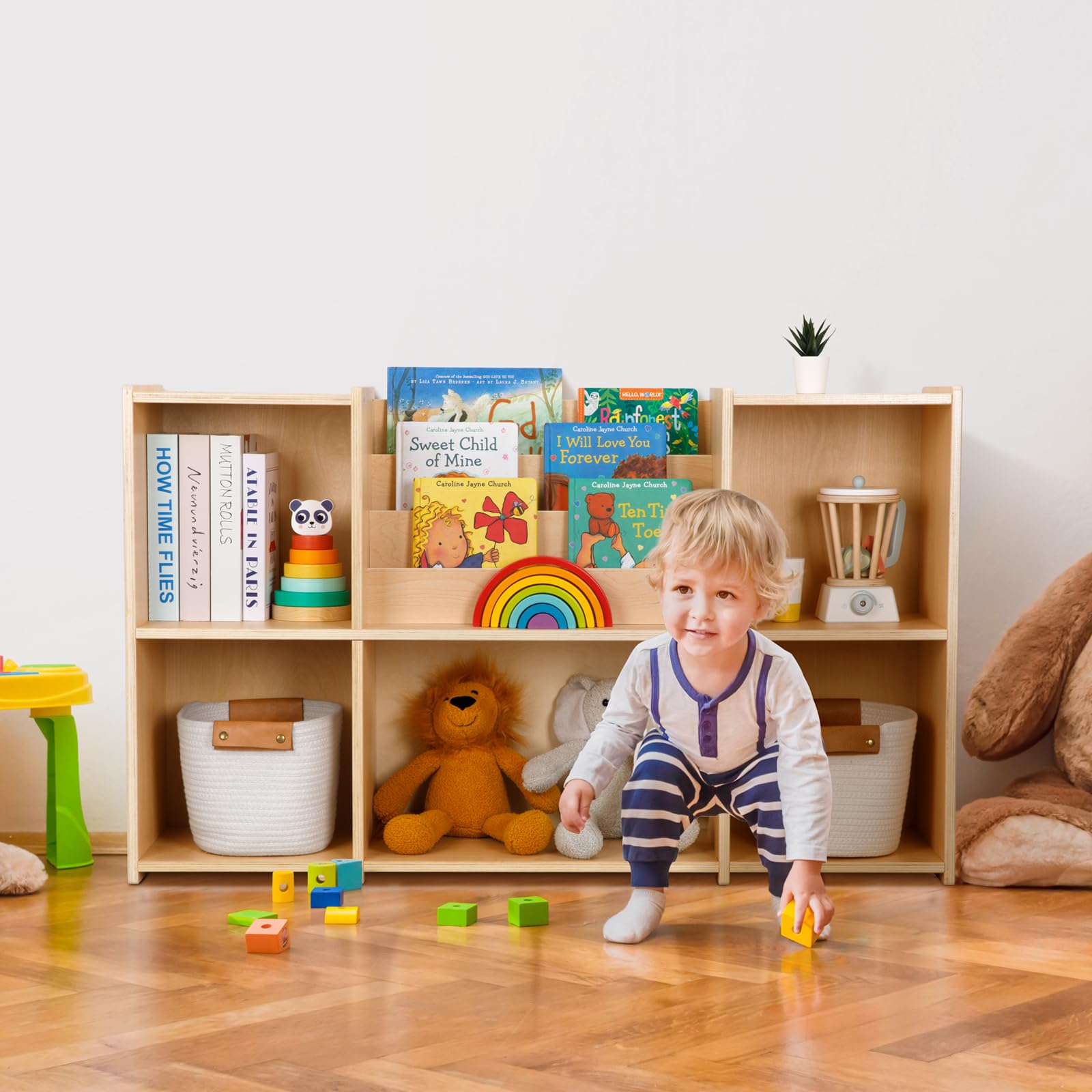OOOK Étagère à Livres Rangement de Jouets, 2 étagères Horizontales 5 Compartiments, idéal pour Salle de Jeu, Classe d'enfants et garderie