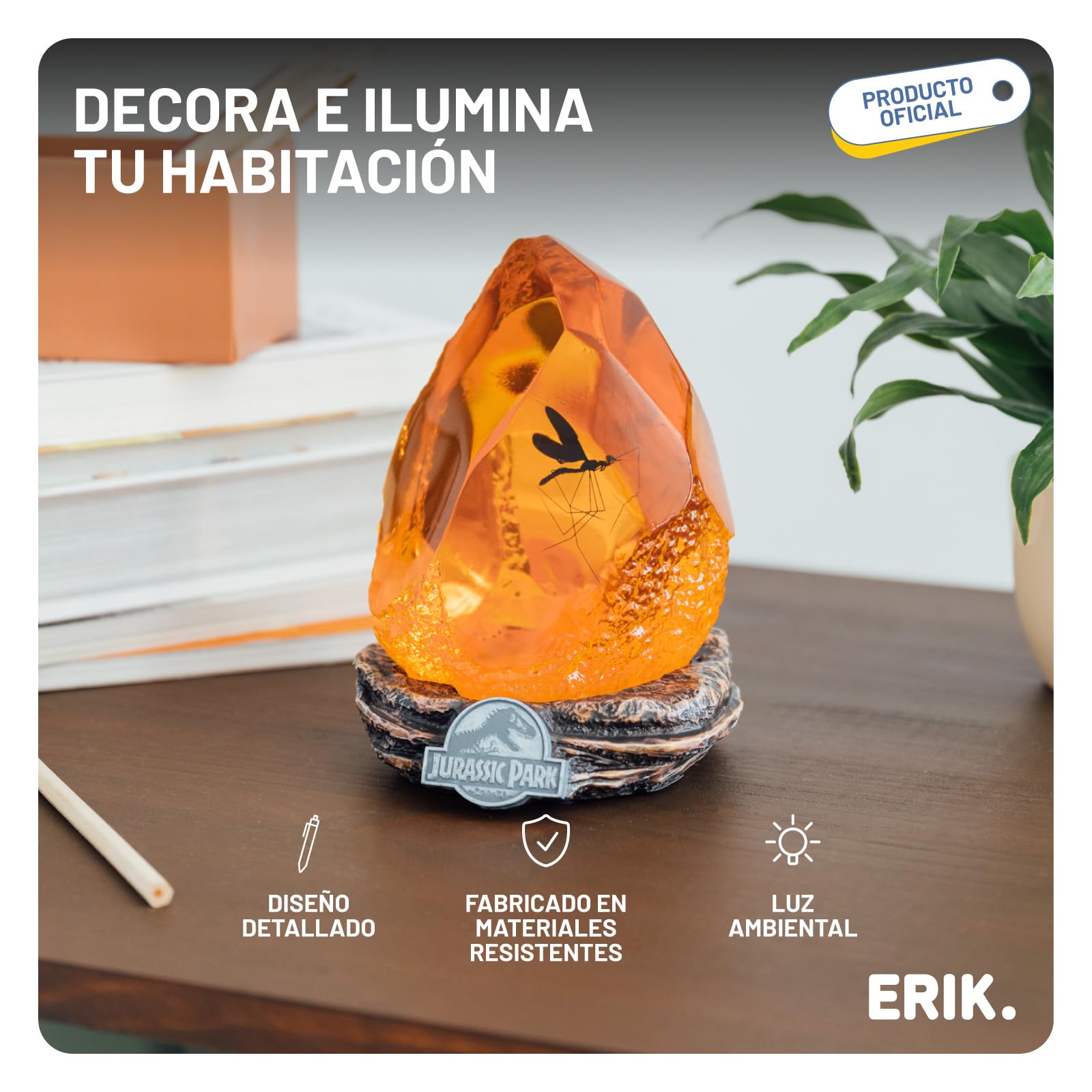 Lampara Jurassic Park Ambar, Jurassic World rebirth - Lampara escritorio Gaming o de Mesita Noche con USB o Pilas - Figura Dinosaurio con LUZ tenue para Decoración habitación : Regalo para Fans