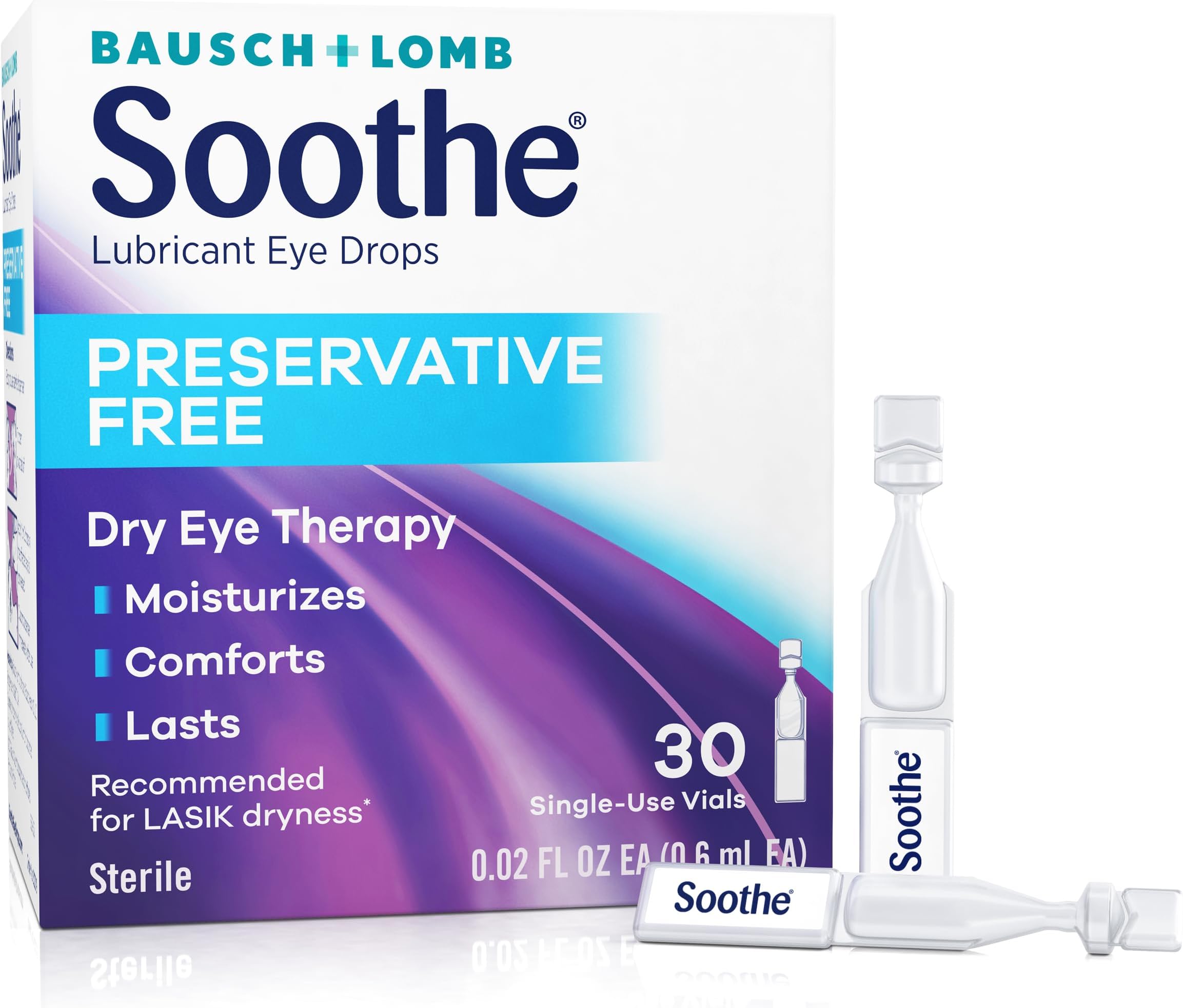 Soothe Preservative-Free Lubricant Eye Drops, Dry Eye Relief, Moisturizing, for Fast Relief & Gentle Enough for Sensitive Eyes and LASIK Dryness, Single-Use Vials, 30 Count