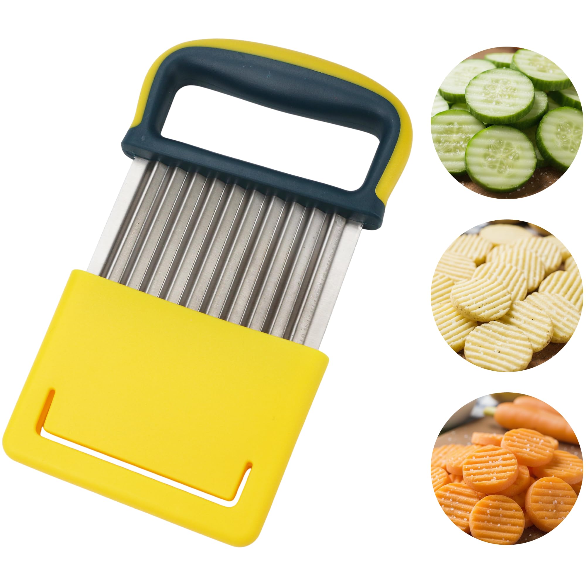 Crinkle Cutter Knife Stainless Steel Wavy Chopper for Potato, Carrot, Onion, Veggies – Yellow French Fry Slicer Chip Vegetable Cutting Tool with Safe Blade Cover, Protective Case, Premium Handle​
