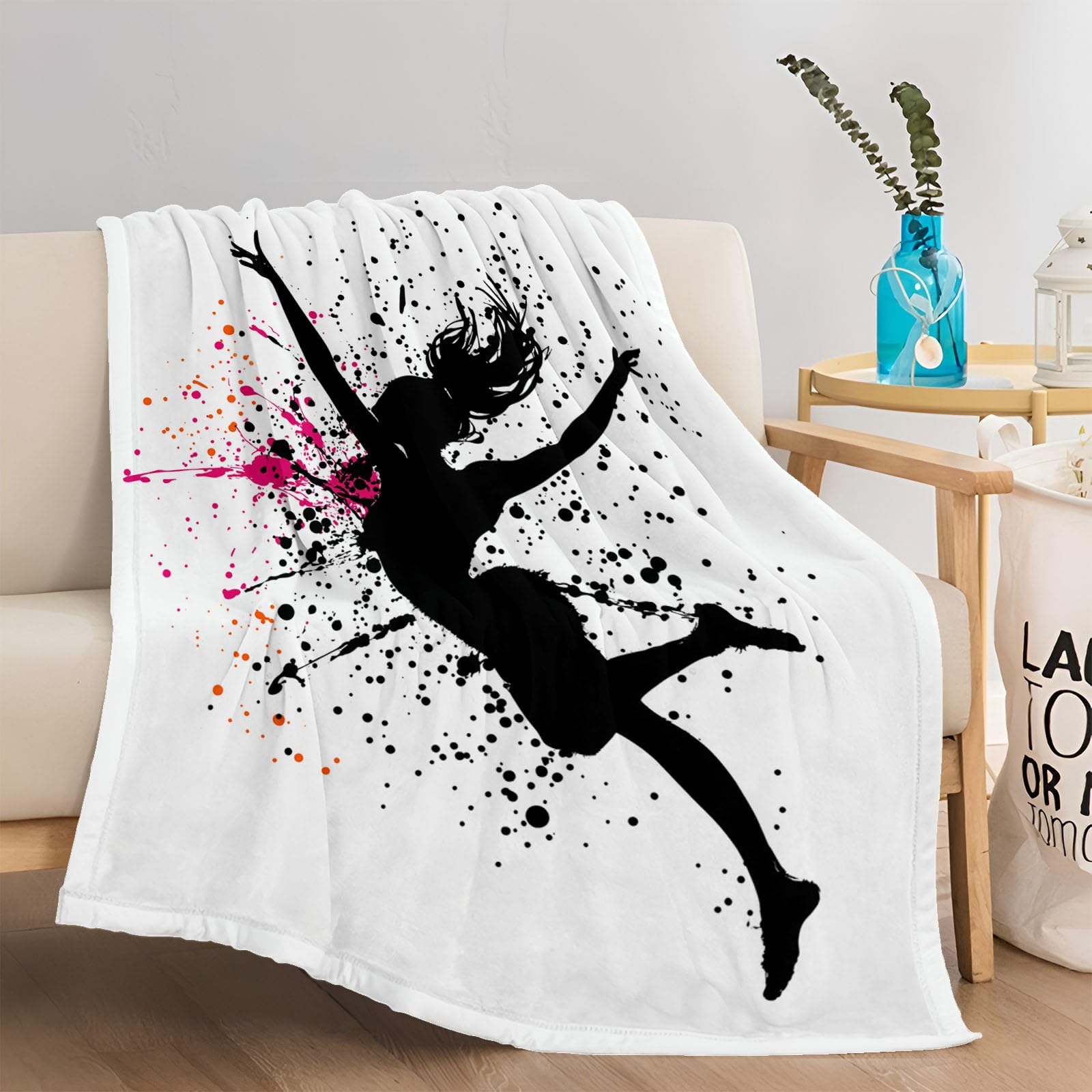 Ultra miękki i wygodny koc z nadrukiem, abstrakcyjne tańczące sylwetki w kratkę, lekki i oddychający, łatwy w pielęgnacji, czarny, 220 x 240 cm, idealny do domu i na kemping