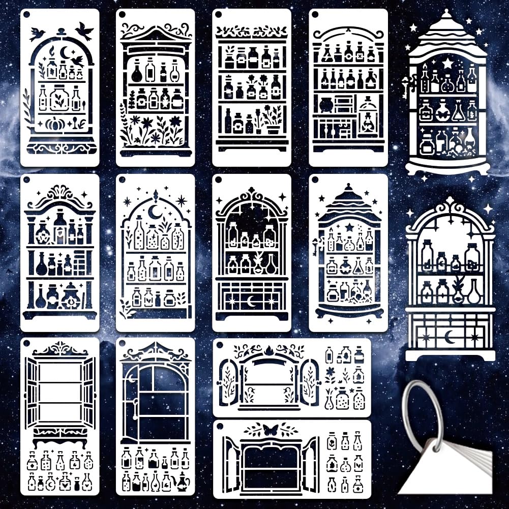 GOMAKERER 12 Sheets Magic Potion Cabinet Stencils for Painting, 12 Styles Witch Potion Drawing Template Fantasy Theme Reusable Art Templates for Halloween Painting on Wall Wood Home Decor — image 1