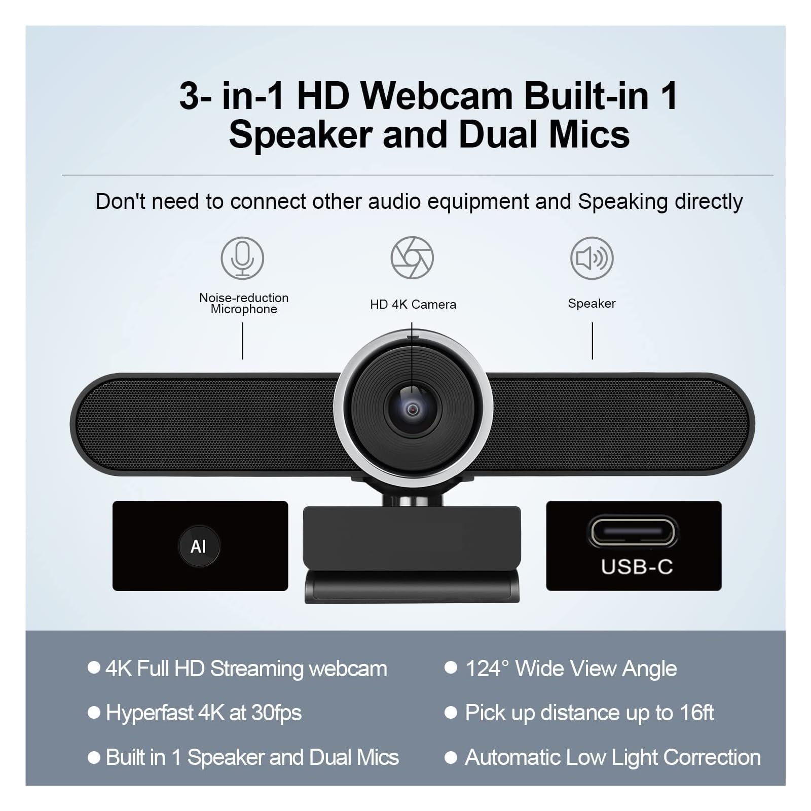 Webcam, Cámara Web de Sala de conferencias 4K con micrófono y Altavoz Cámara de Video de computadora de 8MP con Encuadre automático AI de Gran Angular for transmisión