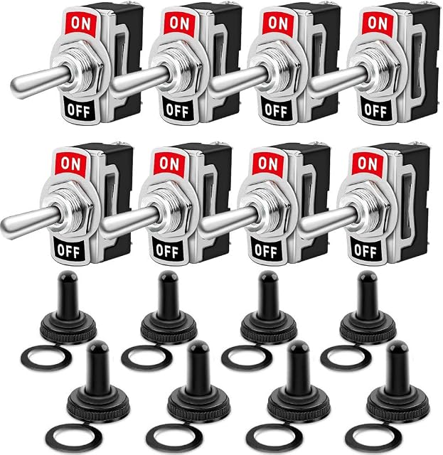 Gebildet Universal Rocker Toggle Switch with Waterproof Boot Cap Cover, 12-24V/15A, 2 Pin SPST ON/OFF Switch with Metal Bat, Used for Car Auto Truck Boat (Pack of 8, Black)