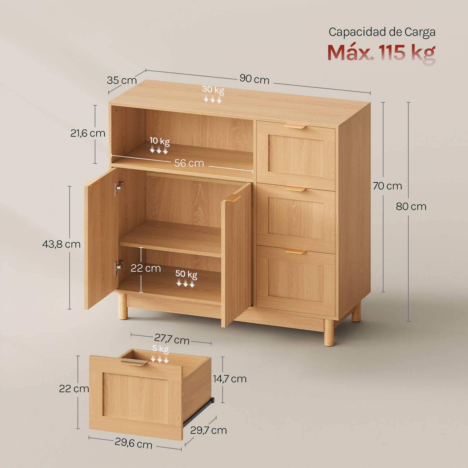WOLTU Aparador, Mueble Cocina con 3 Cajones, 2 Puertas, Buffet Auxiliar de Cocina con Estante Ajustable, Compartimento Abierto, para Salón, Cocina y Comedor, 90x35x80 cm, Efecto de Madera