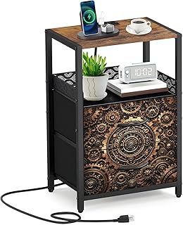 Night Stand with Charging Station Steampunk Gears Clockwork Mechanism Antique Brass Industrial Style Side Table with Fabric Drawers End Table with Open Shelf Bedside Table with USB Ports & Outlets