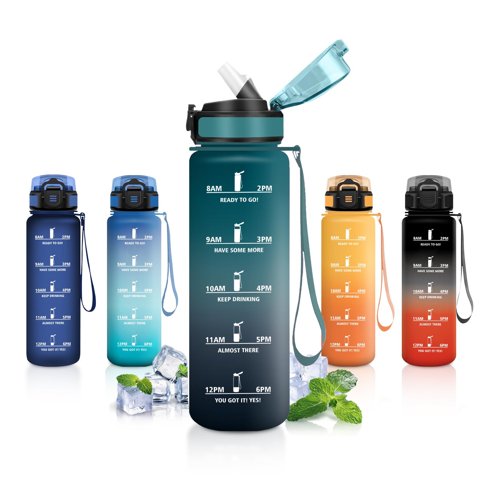 Borraccia 1 Litro, Borraccia Sportiva con Cannuccia, Bottiglia Acqua Sportiva con Indicatore del Tempo, Facile da Pulire, Borracce a Prova Di Perdite, per Bicicletta, Corsa, Ufficio, Campeggio