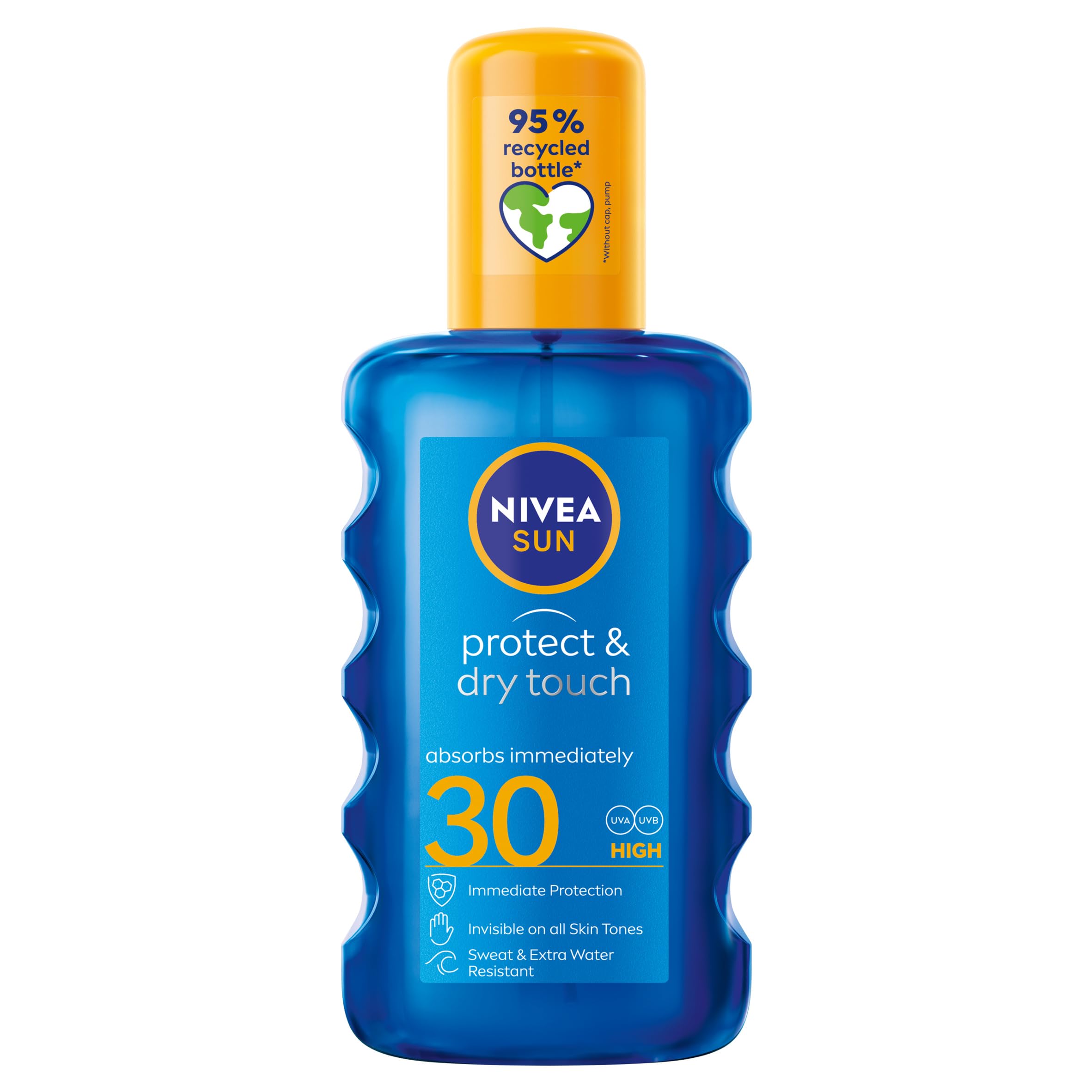 NIVEA SUN Protect & Dry Touch Invisible Sun Spray SPF 30 (200 ml), Water-Resistant Sun Oil, Immediate Protection against UVA & UVB Rays, Transparent/No White Marks