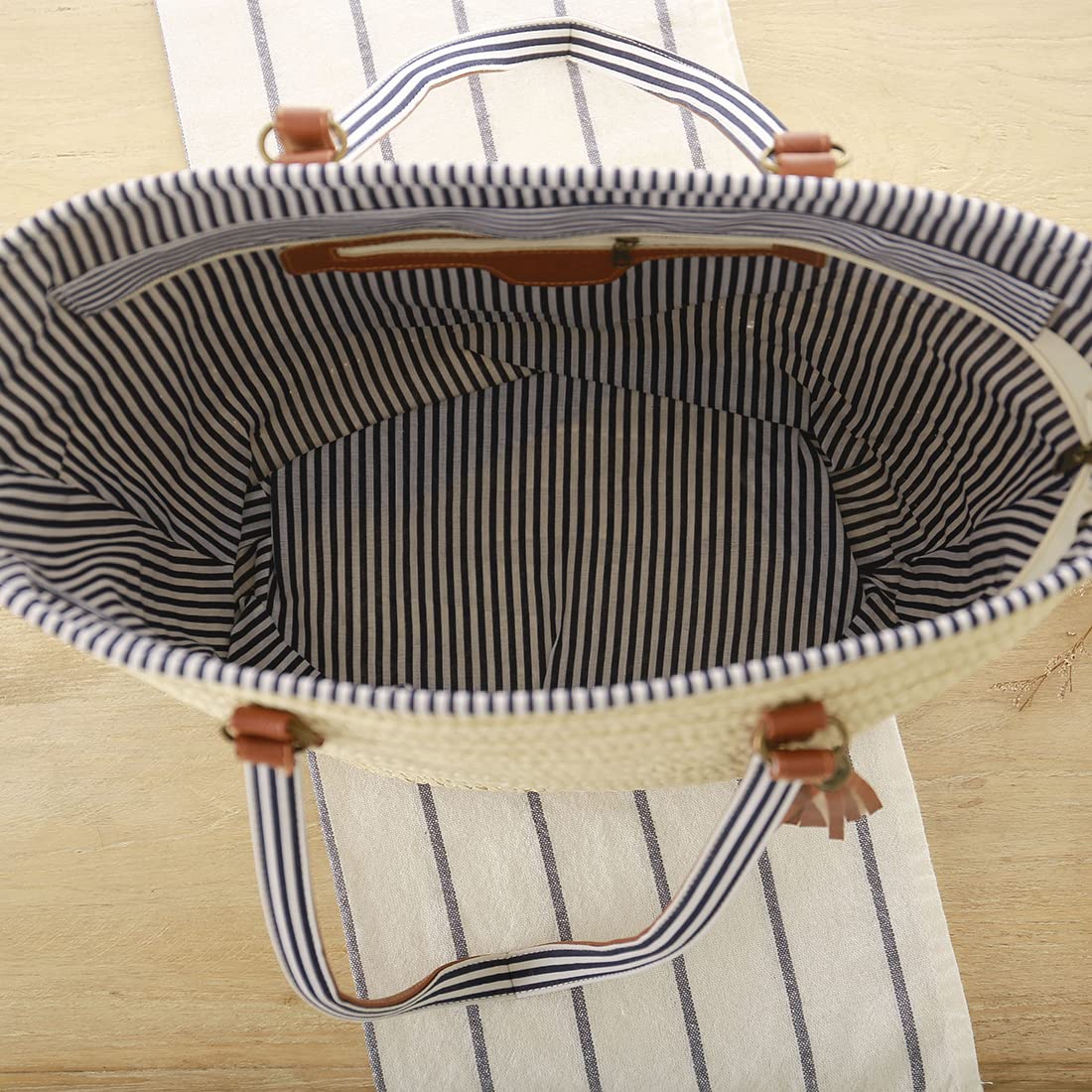 Bolso de paja Bolso de playa de verano Bolso de hombro para mujer con asas de cuero Bolso de borla Bolso cruzado Bolsa de compras Bolsa de manualidades para viajes (Marrón)