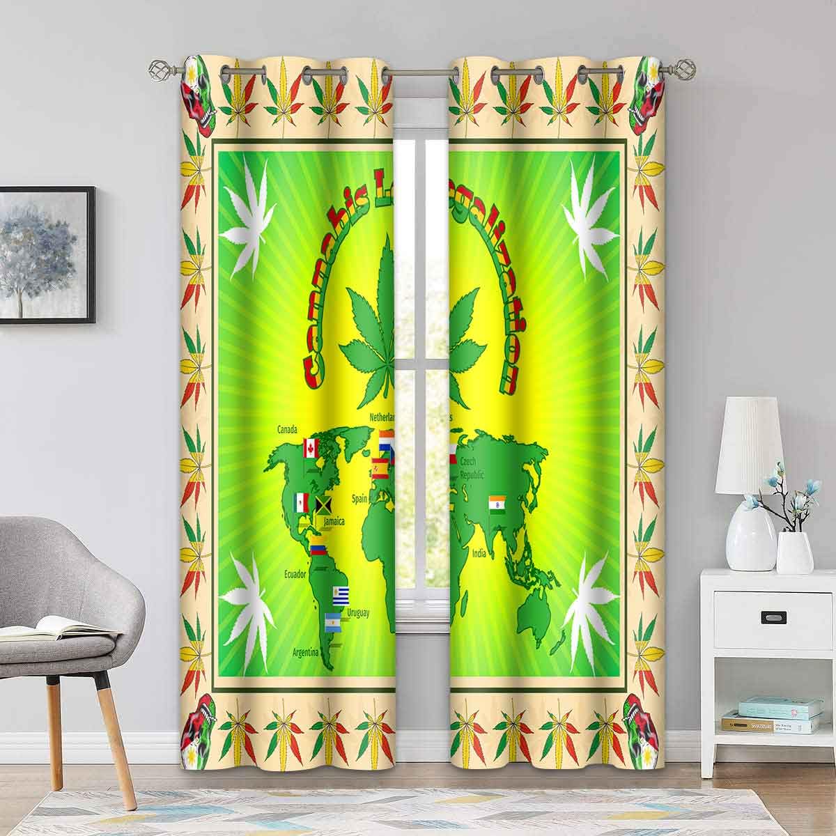 BSPPTI Cannabis Leaf Print Curtains Green Marijuana Leaf Weed Blackout Windows Drapes for Kitchen Bedroom Living Room, Set of 2 Panels 42