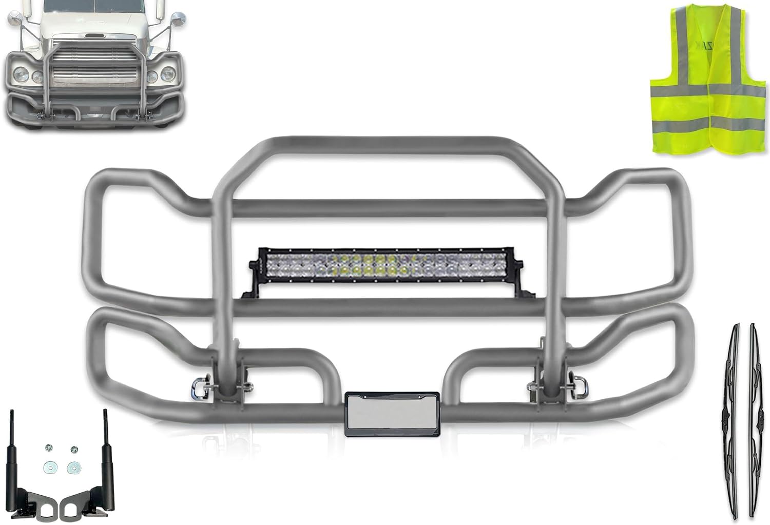 Front Gray Grille Deer Moose Brush Bumper Guard Large Compatible with Century Plus Bracket, Logo, 22" LED Light Bar, Wipers, License Plate Holder and Frame, Vest