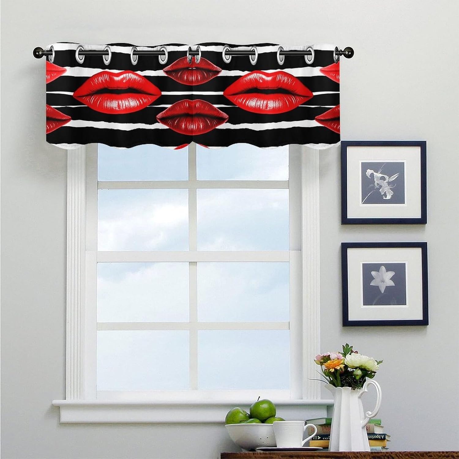 Red Lips Kiss 2 Pack Valance Curtains Window Treatments. Adjustable Curtain with Rod Pocket.Cafe Curtains is Half Curtains for Privacy Decorative 52x18.1 Inch.