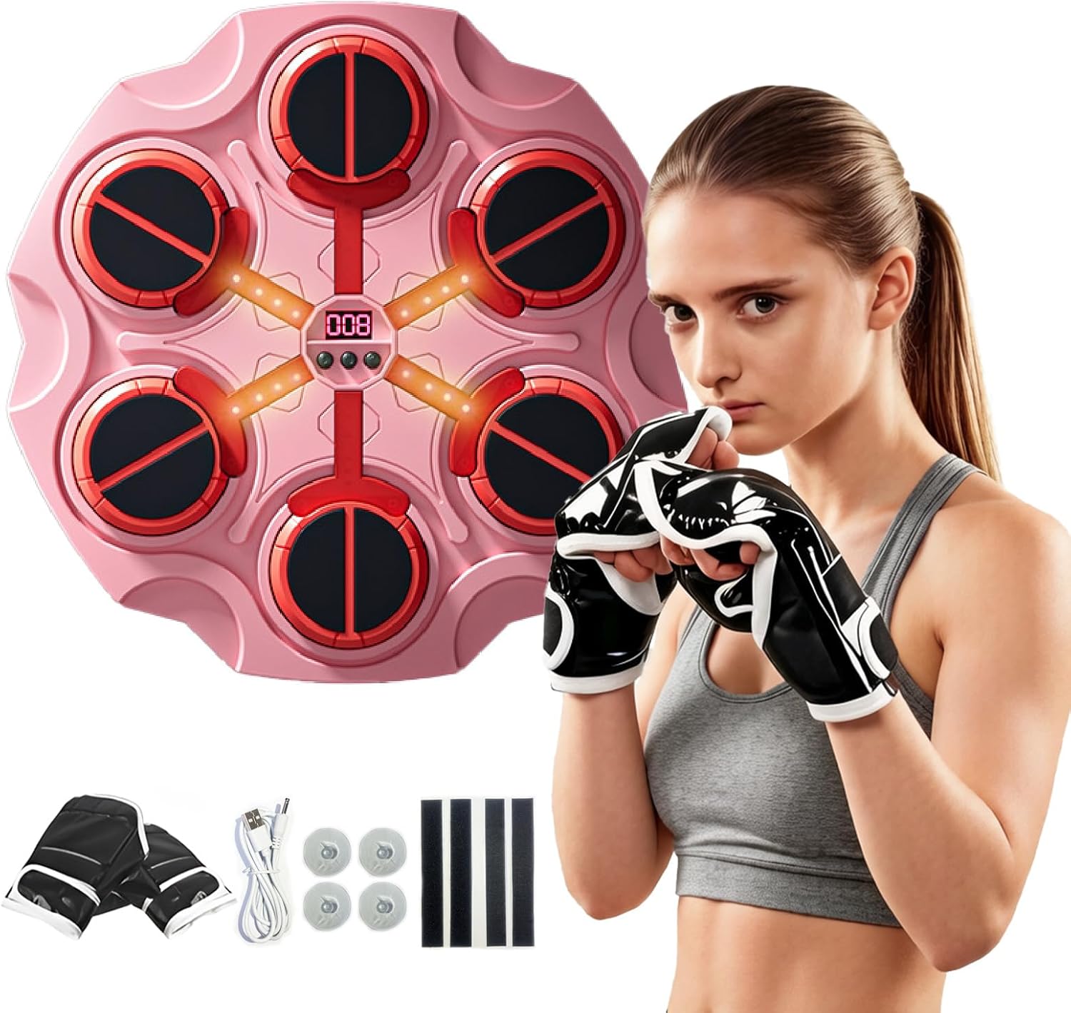 Music Boxing Machine Sports Toy, Intelligent Bluetooth wall-Mounted Children's Boxing Training Equipment, Training mat Toy with Boxing Gloves, Suitable for Boys, Girls, and Children (Pink)