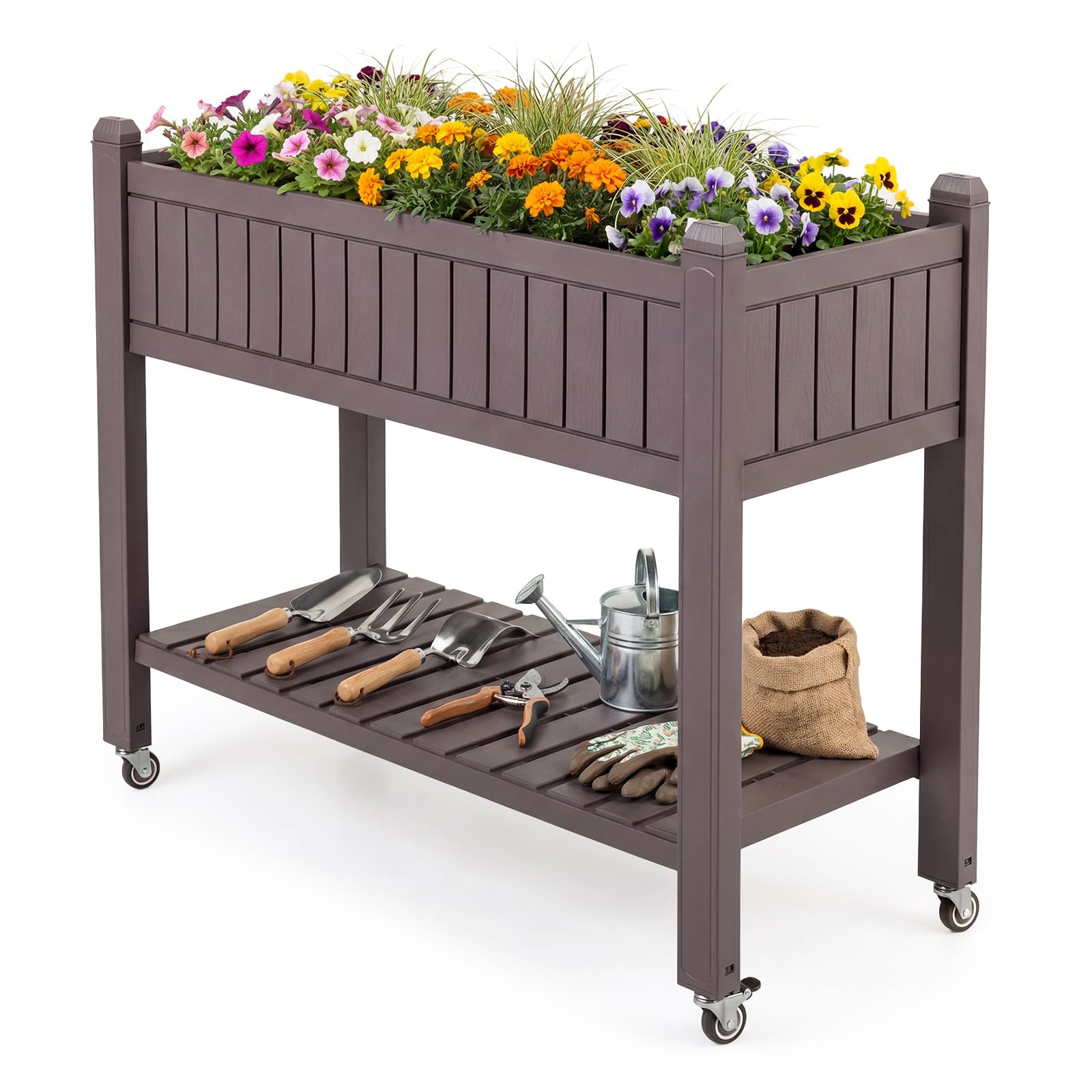 COSTWAY Jardinière Surélevée avec roulettes, Lit de Jardin avec Moniteur d’Eau, Trou de Drainage Étagère de Rangement, Bac à Plantes Divisible Élevé pour Légumes Herbes Fleurs