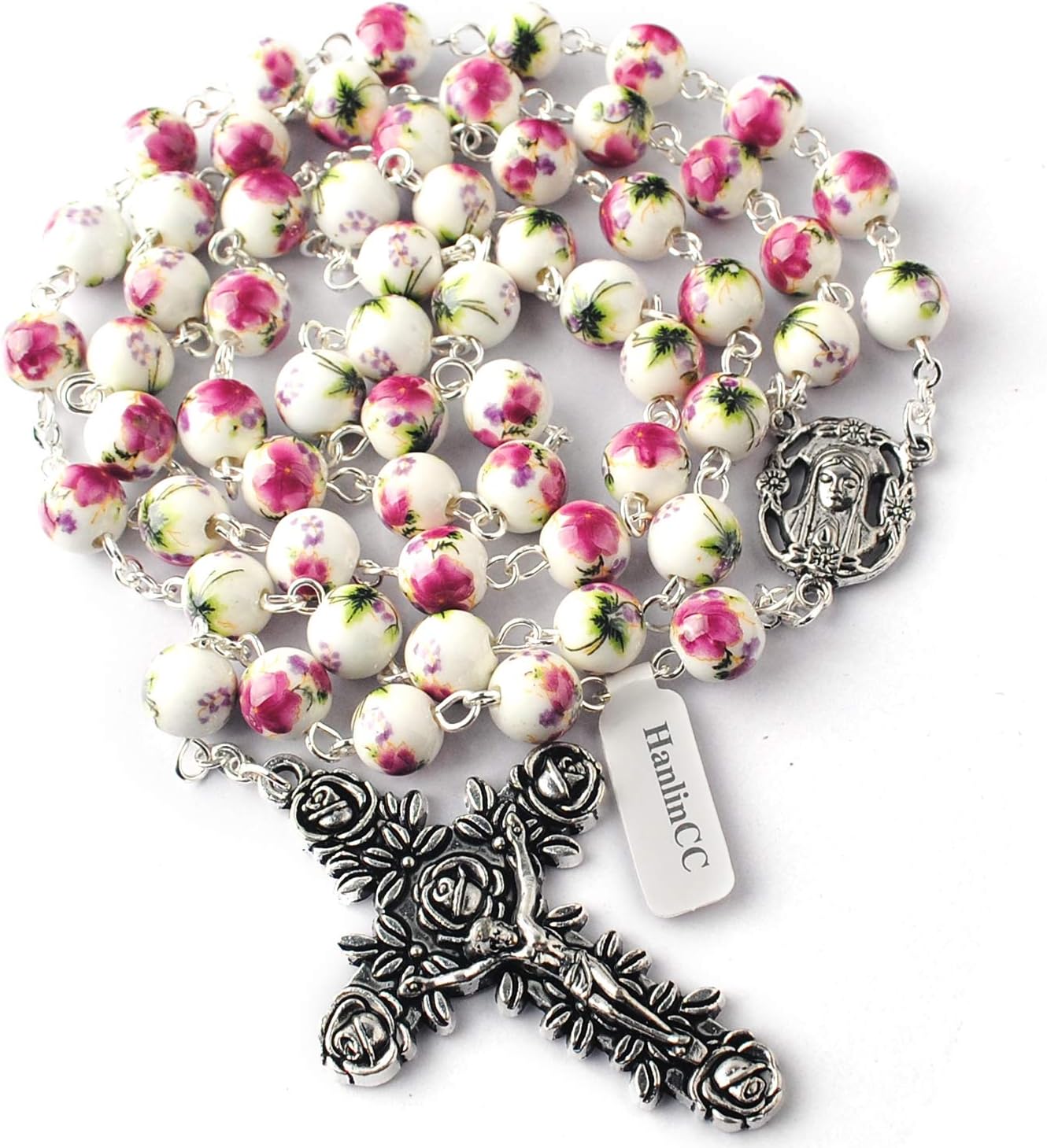 HanlinCC 8mm Round Ceramic Beads with Flower Painting Catholic Rosary Necklace with Maria Center piece and Flower Cross with Leather Gift Box