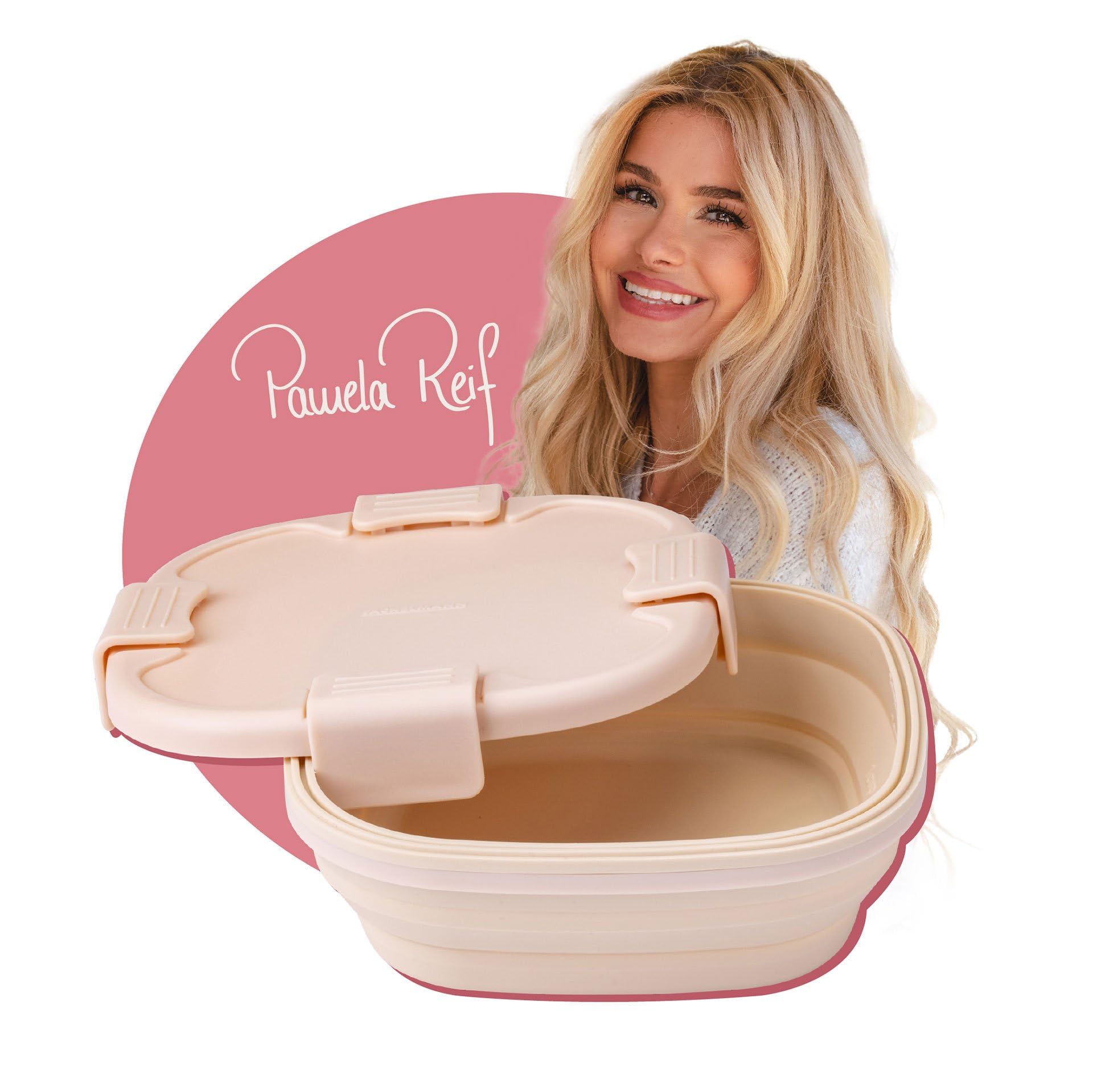FACKELMANN x Pamela Reif Snacking-Box – Pastell Beige, 700 ml, Silikon, mit Click-System für sicheren Verschluss
