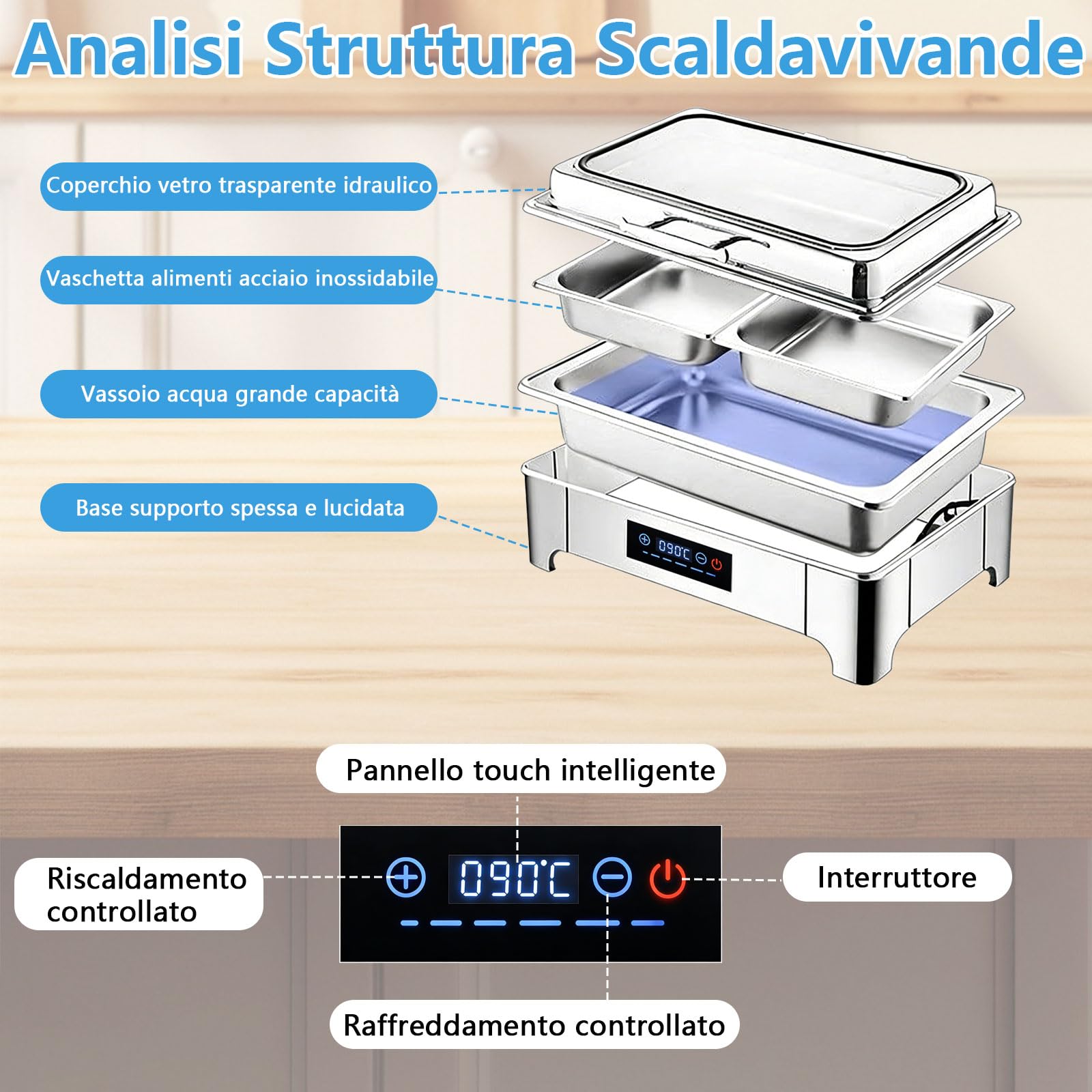 Chafing Dish Elettrico 9L, Scaldavivande Elettrico per Buffet Acciaio Inox 304, Chafing Dish Buffet con 35-90°C Temperatura Regolabile e Coperchio Visibile, per Banchetti, Feste e Eventi(1/2 Pan)