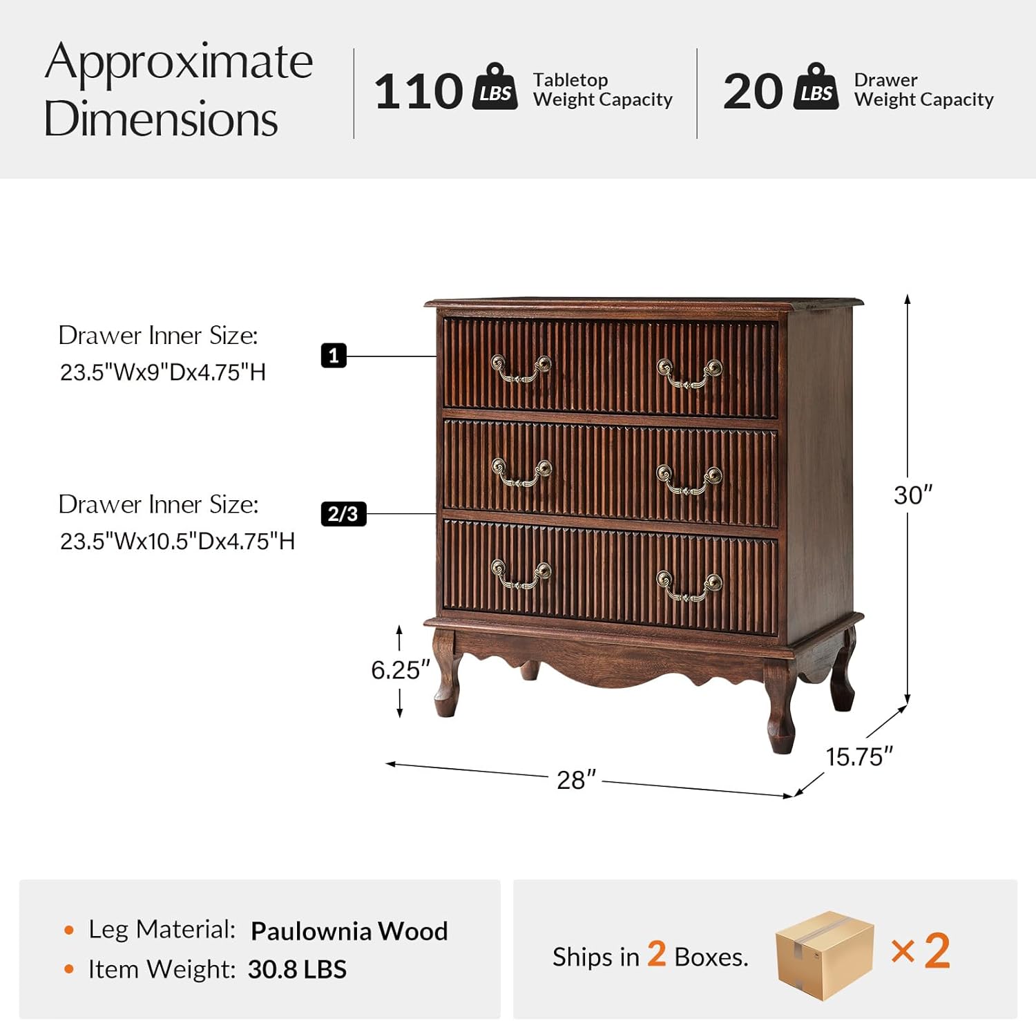 Diagram showing the approximate dimensions of the side table, including overall height, width, depth, and inner drawer sizes.