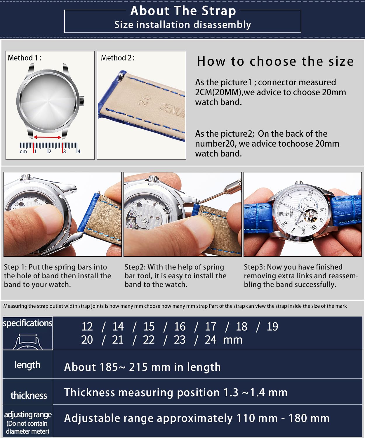 BINLUN Cinturino per Orologio in Pelle Ricambio Cinturini per Unisex con Fibbia Azionamento Farfalla Argento/Oro/Oro Rosa 12mm-24mm 10 Colori