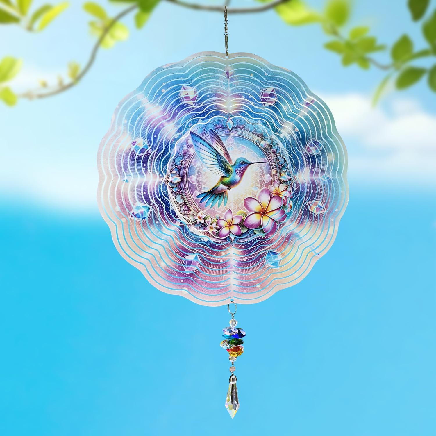 10 Inch 3D Hummingbird Wind Spinner with Crystal Pendant, Renyalora Colorful Metal Mandala Hanging Spinner, Kinetic Wind Sculpture for Outdoor Yard, Garden, Patio, Balcony Decor
