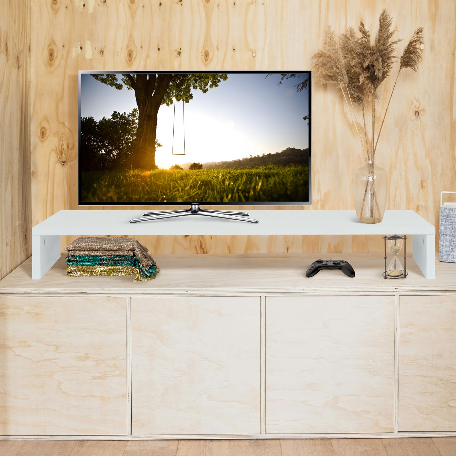 Monitorständer Holz, ergonomische Monitorerhöhung für Schreibtisch, passend für PC, Laptop und TV,Schreibtischaufsatz Bildschirmerhöhung, 85x35x12cm, Weiß