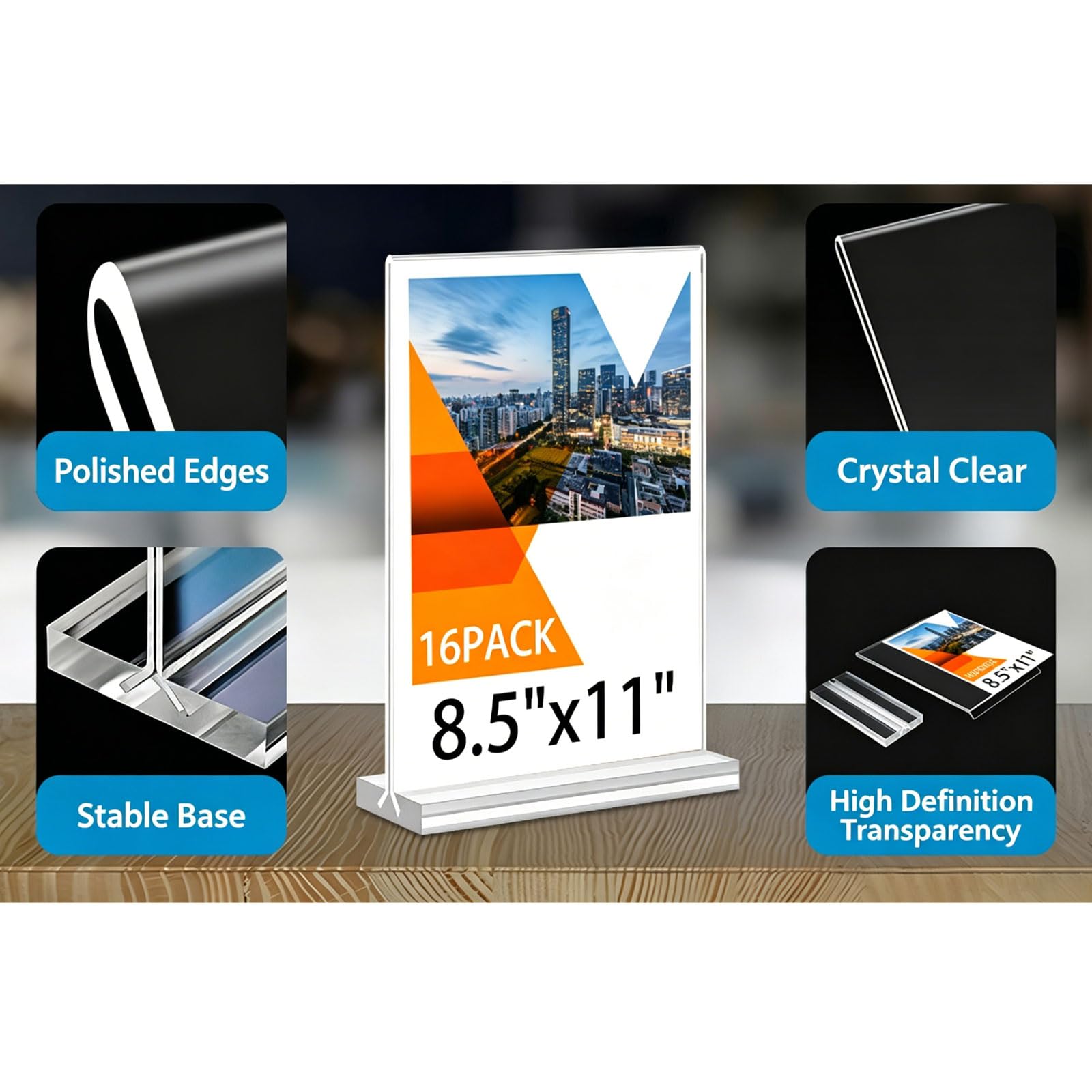 16 Pack Expositor Metacrilato Soporte Menú 8.5 * 11 Inches Transparente Soporte para Letreros Doble Cara Soporte Publicitario en Forma de T para recepción,Oficina,Restaurante,Hotel