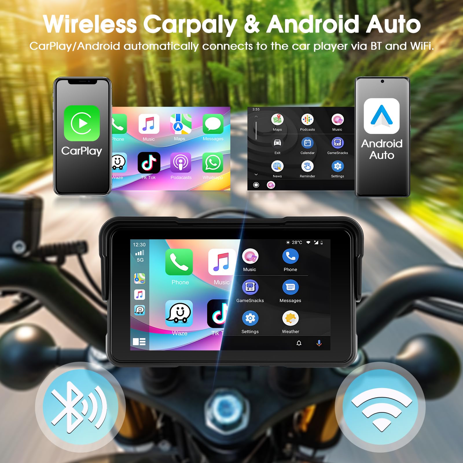 A-pple CarPlay Display Moto Android Auto IP68 Touchscreen HD 5 Pollici Autoradio Portatile Navigazione GPS Bluetooth Radio FM
