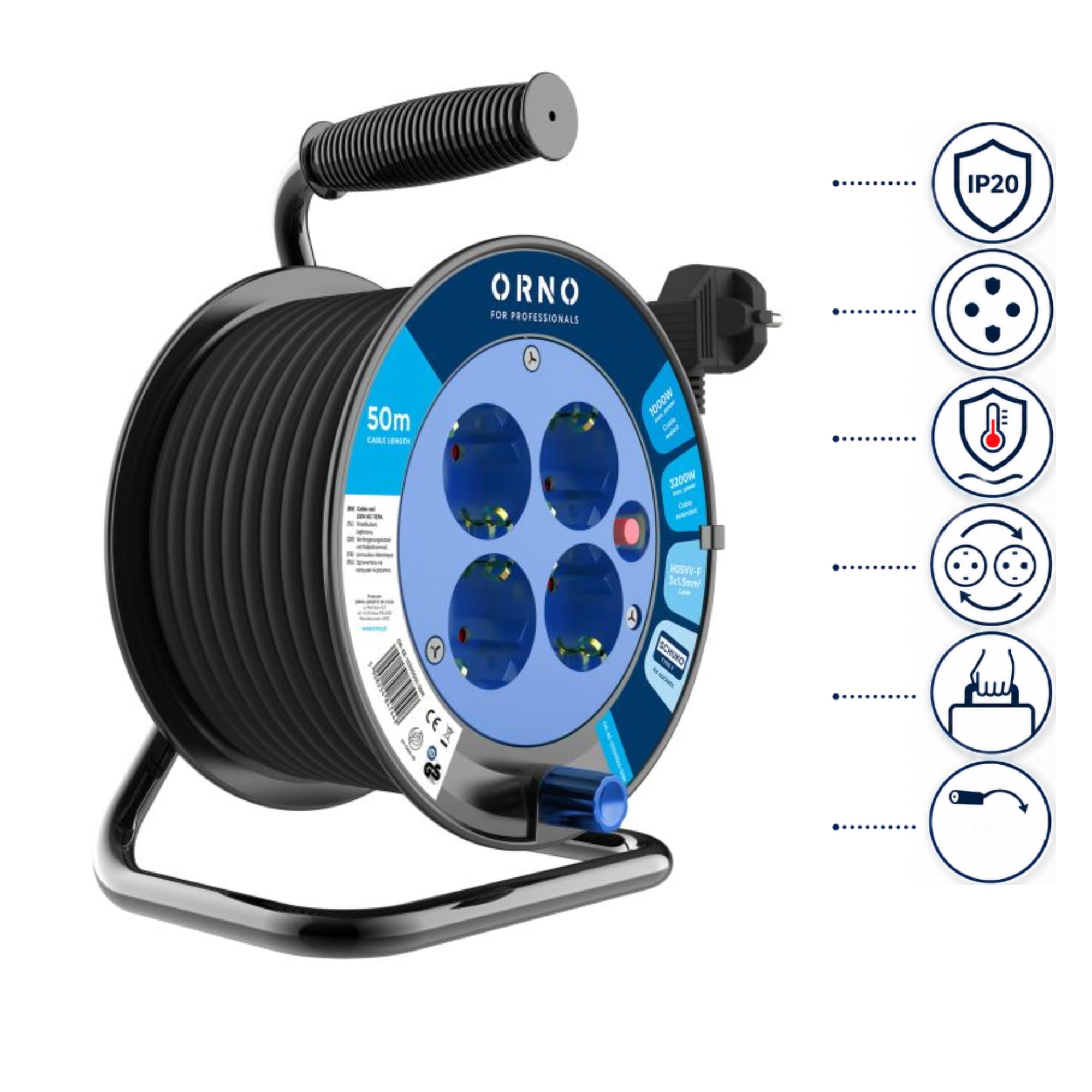 Carrete Enrollador de Cable | Alargador Enchufe con 4 Tomas Schuko 2P+T | H05VV-F 3x1,5 mm² PVC | Protección Térmica contra Sobrecargas | IP20 Uso Interior (50 metros)