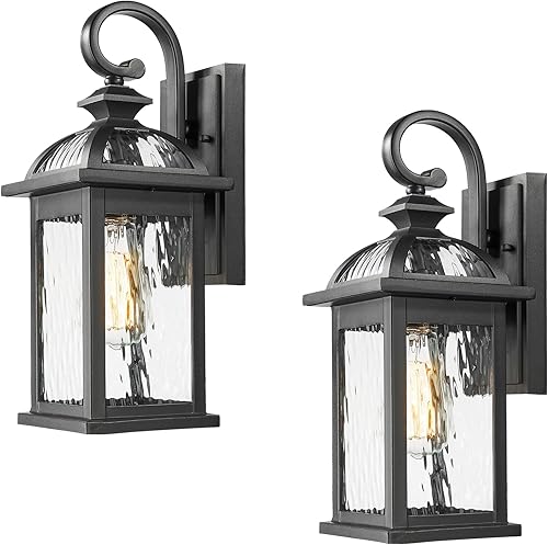 Luces de pared para exteriores, lámpara exterior negra, montaje de pared con vidrio ondulado de agua de 15 pulgadas de altura, lámparas de pared