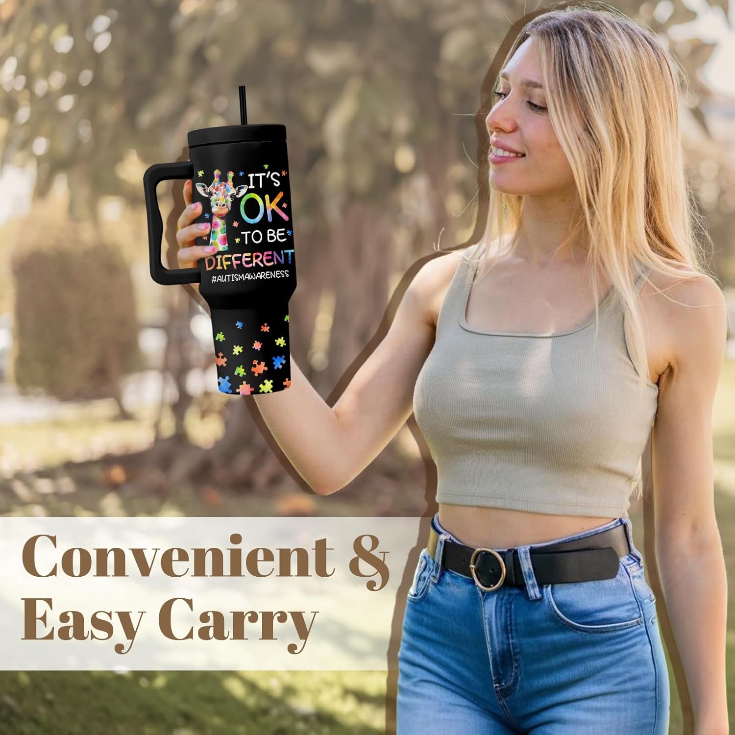 Autism Tumbler 40 Oz, Autism Awareness Tumbler With Handle, It's Ok to Be Different Giraffe Cup, Birthday Christmas Gifts For Autistic Person, Autismo Gift Black - Image 6