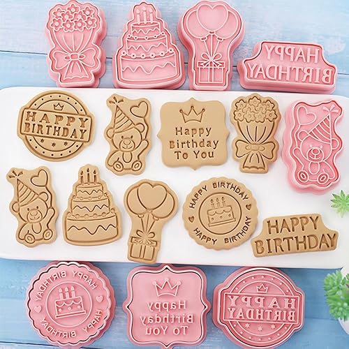 Miniatura 2 de Juego de cortadores de galletas con temática de feliz cumpleaños, 8 piezas con forma de pastel de cumpleaños en 3D, cortadores de galletas para