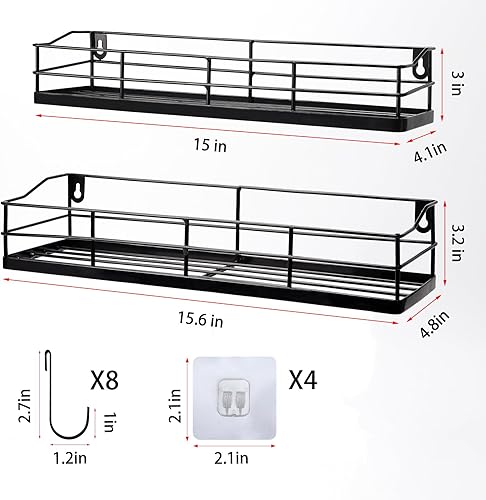 Miniatura 3 de Lyeasw Black Floating Shelves Wall Mounted with 8 Removable Hanging Hooks, 15-Inch Adhesive Shower Shelf Organizer for Bathroom Kitchen Storage