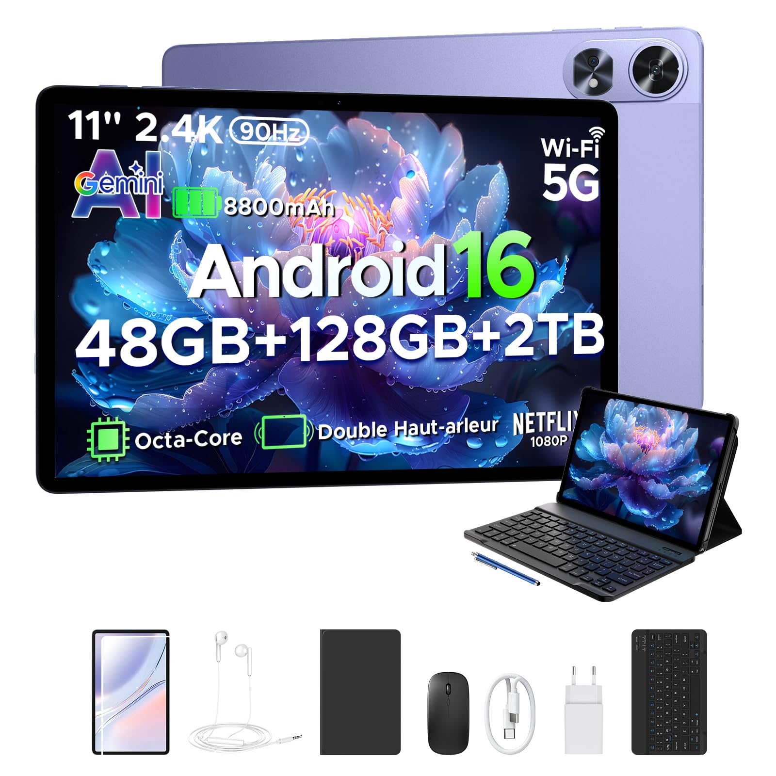 P11 Pro Tablette Tactile, Tablette 11 Pouces, 48Go RAM+128Go ROM, Tablette Android 16 avec Gemini AI, 2.4K 90Hz, T7250, 8800mAh, 13MP+5MP, 5G WiFi, Tablette avec Stylet, Clavier, Souris-Violet