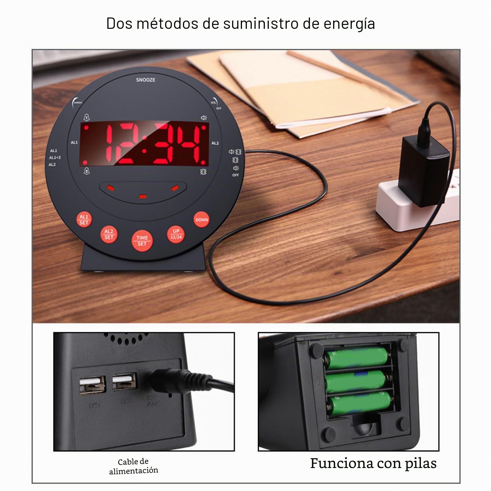 Reloj Despertador con Vibración Extra Fuerte de 110 DB Reloj Despertador con Luz de Alarma Roja Reloj Digital con Pantalla Grande para Personas Sordas con Problemas de Audición